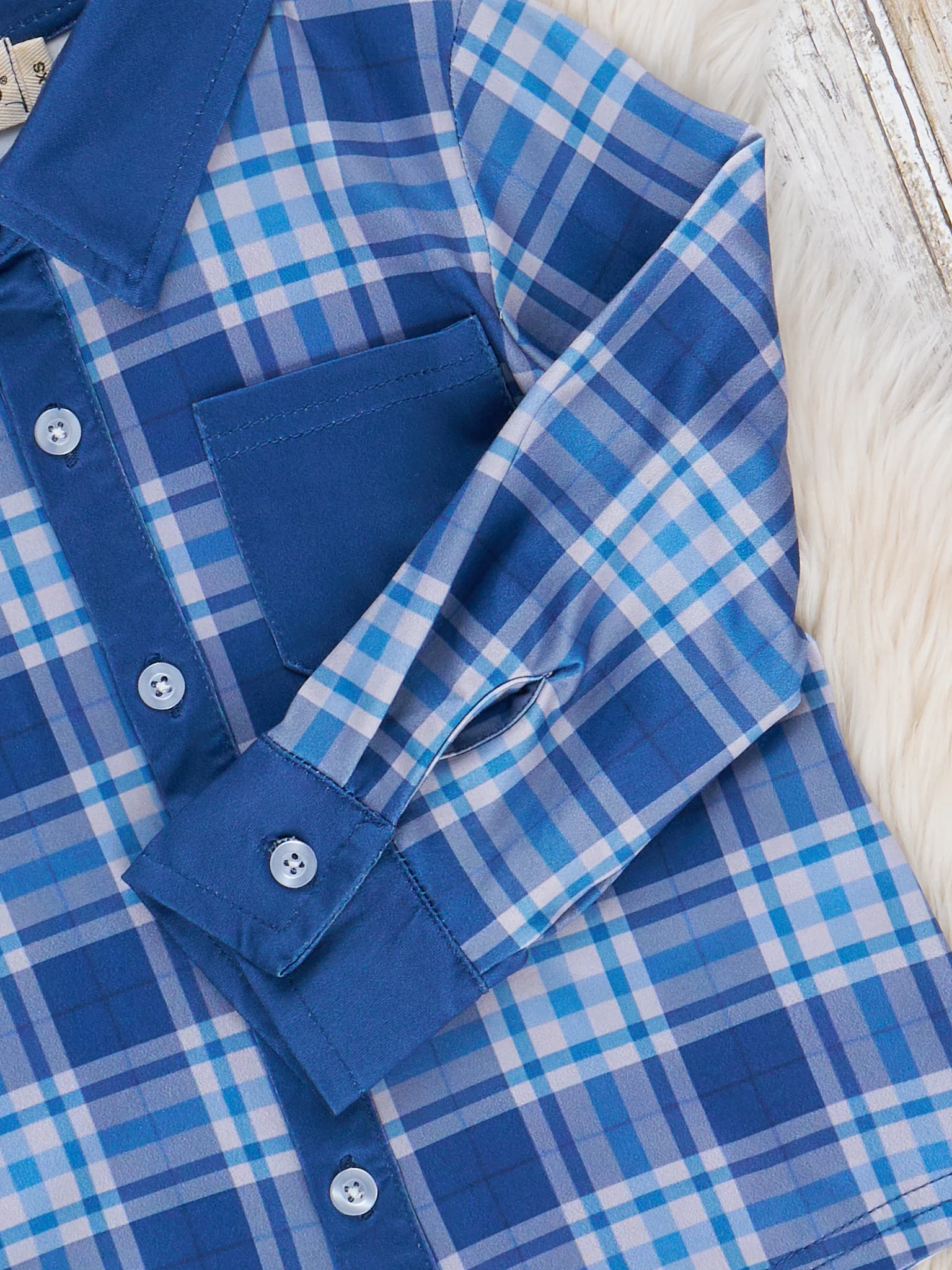 Pocket Button Up Plaid Shirt- Blue - Image 4