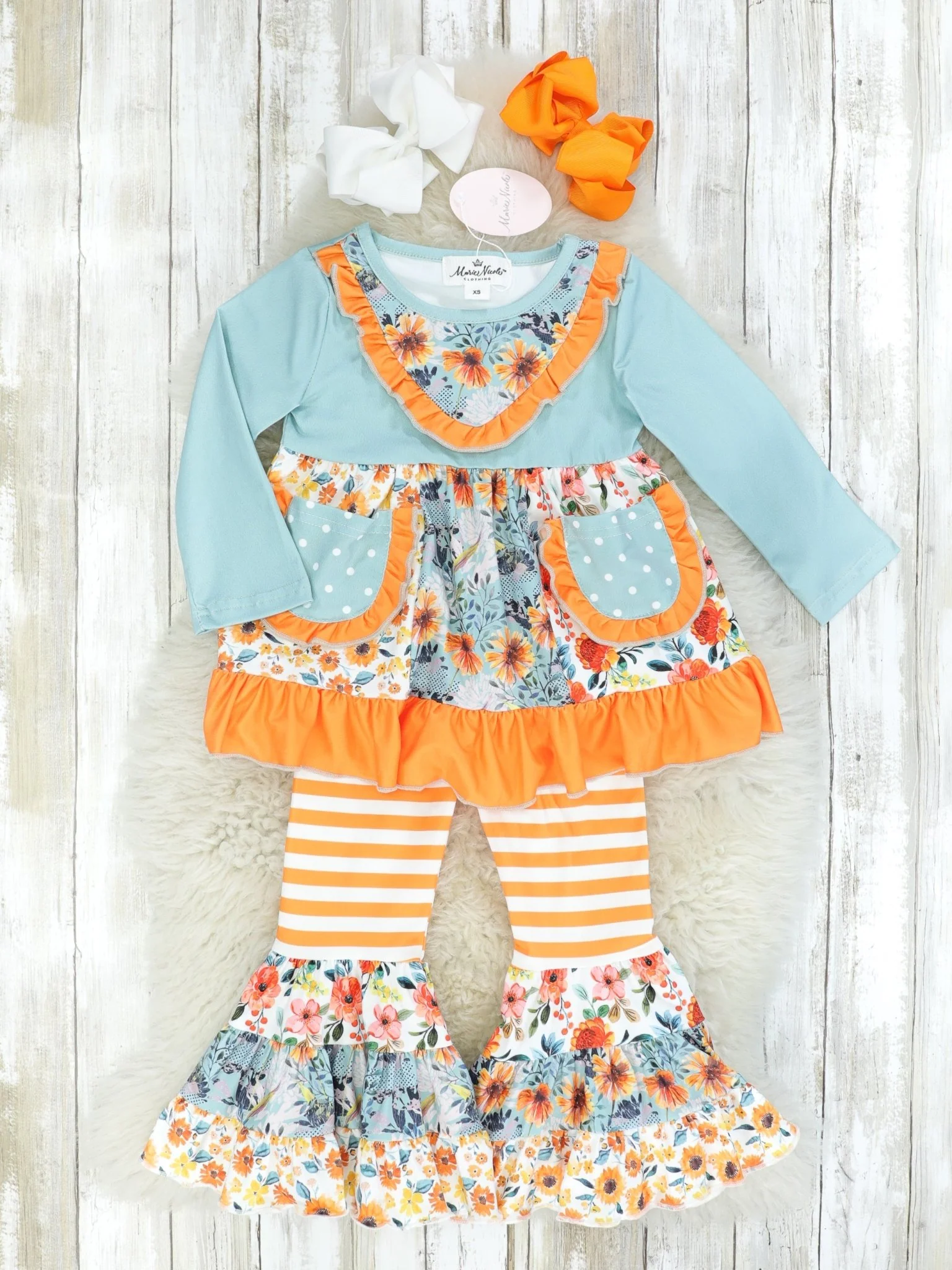 Pocket Flara Bells Outfit - Light Blue & Orange