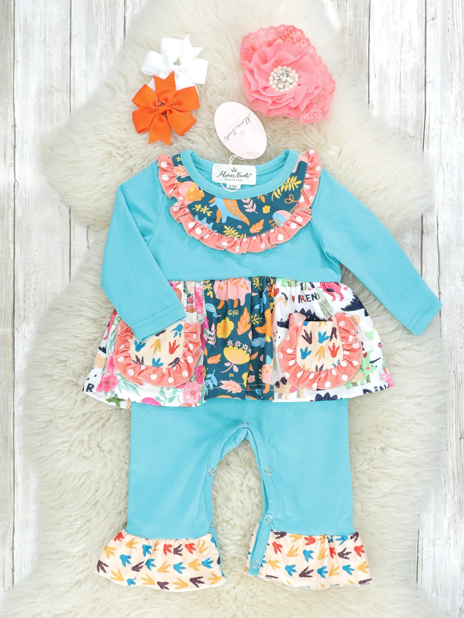 Pocket Flara Bells Romper - Blue Dinosaurs