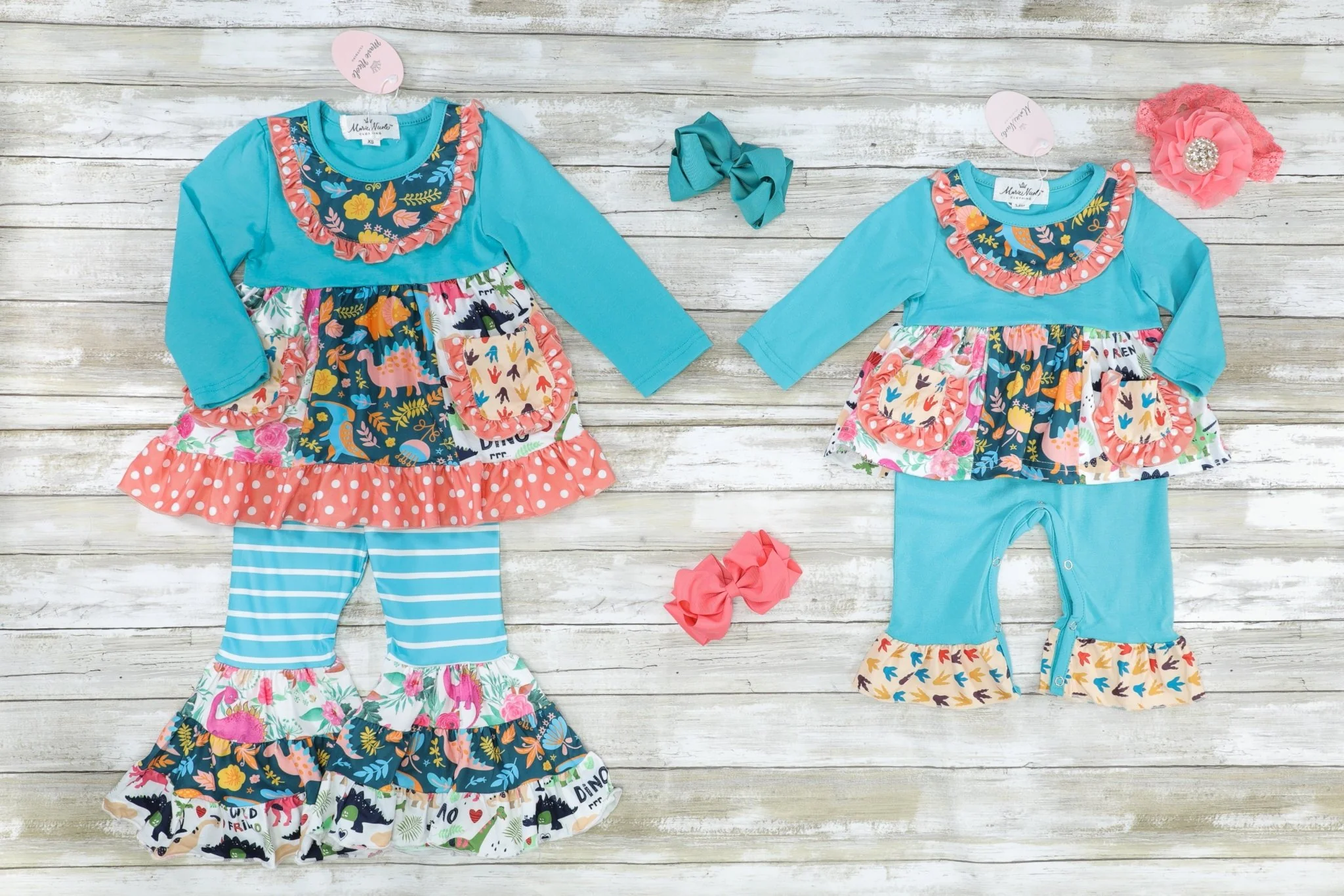 Pocket Flara Bells Romper - Blue Dinosaurs - Image 2
