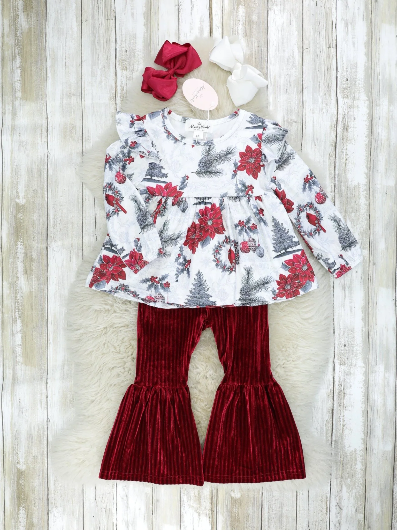 Poinsettia Peplum Top & Velvet Bell Bottoms Outfit