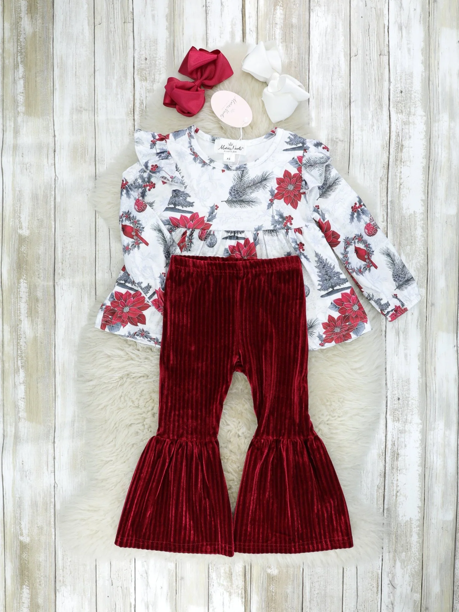Poinsettia Peplum Top & Velvet Bell Bottoms Outfit - Image 2