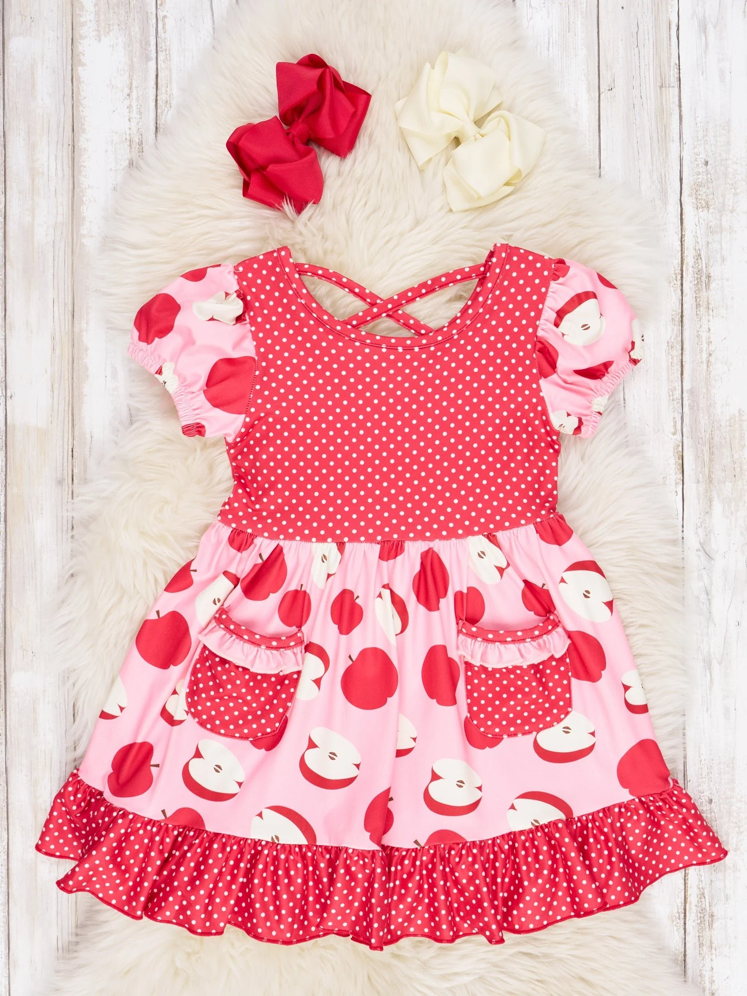 Polka Dot Apple Pocket Ruffle Dress