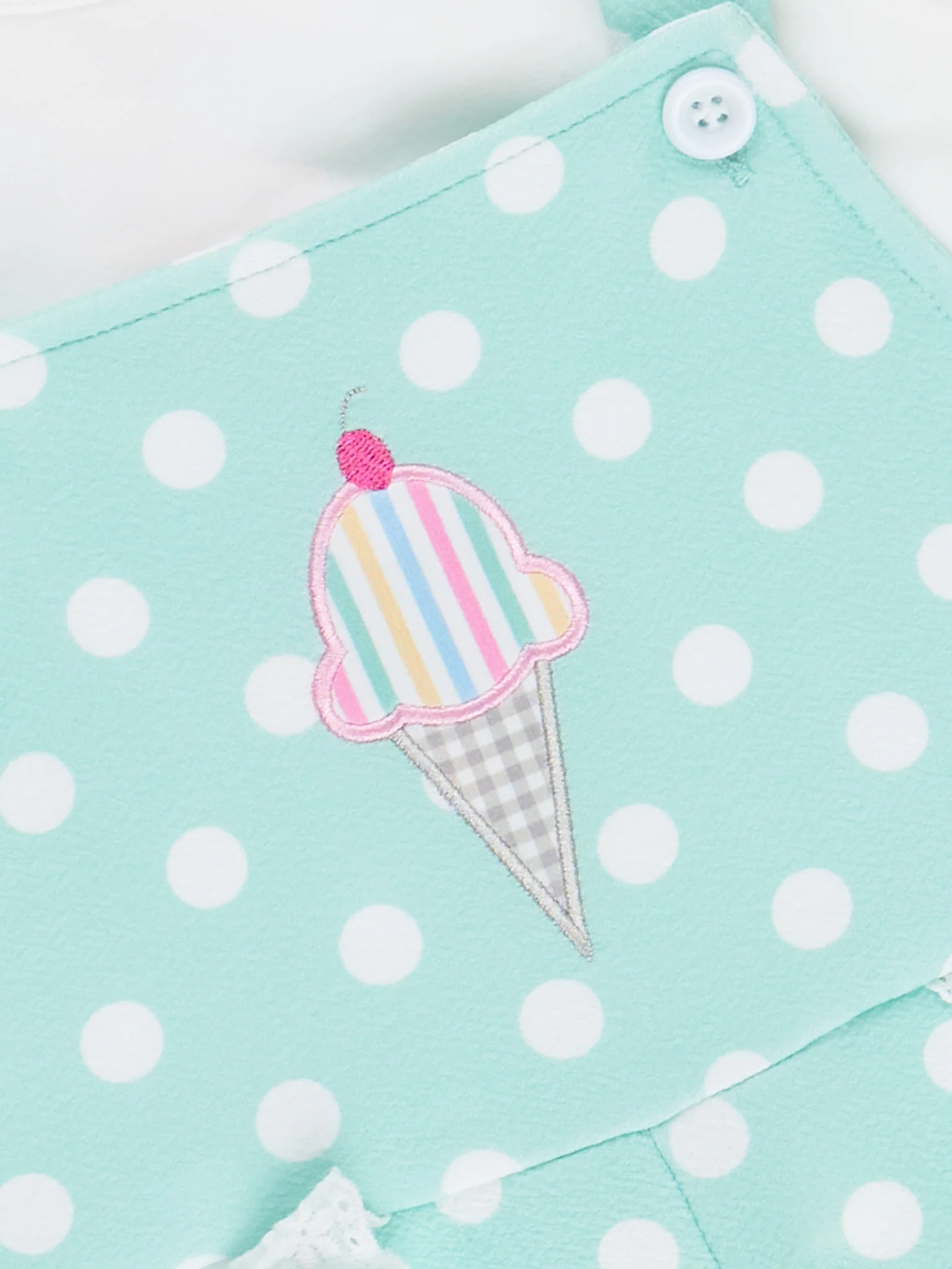 Polka Dot Embroidered Ice Cream Ruffle Overalls Set - Image 4