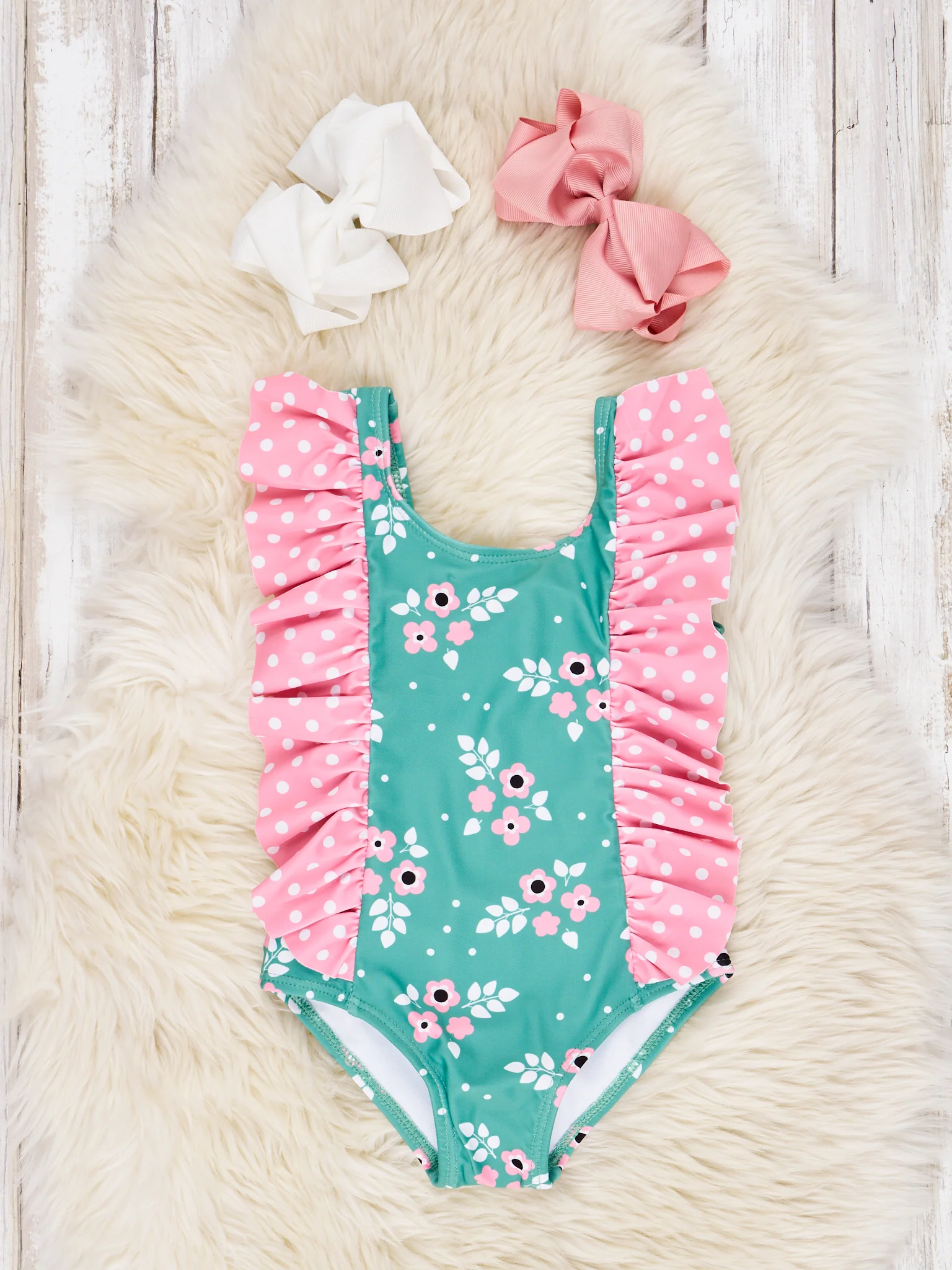 Polka Dot Floral Ruffle One-Piece Swimsuit