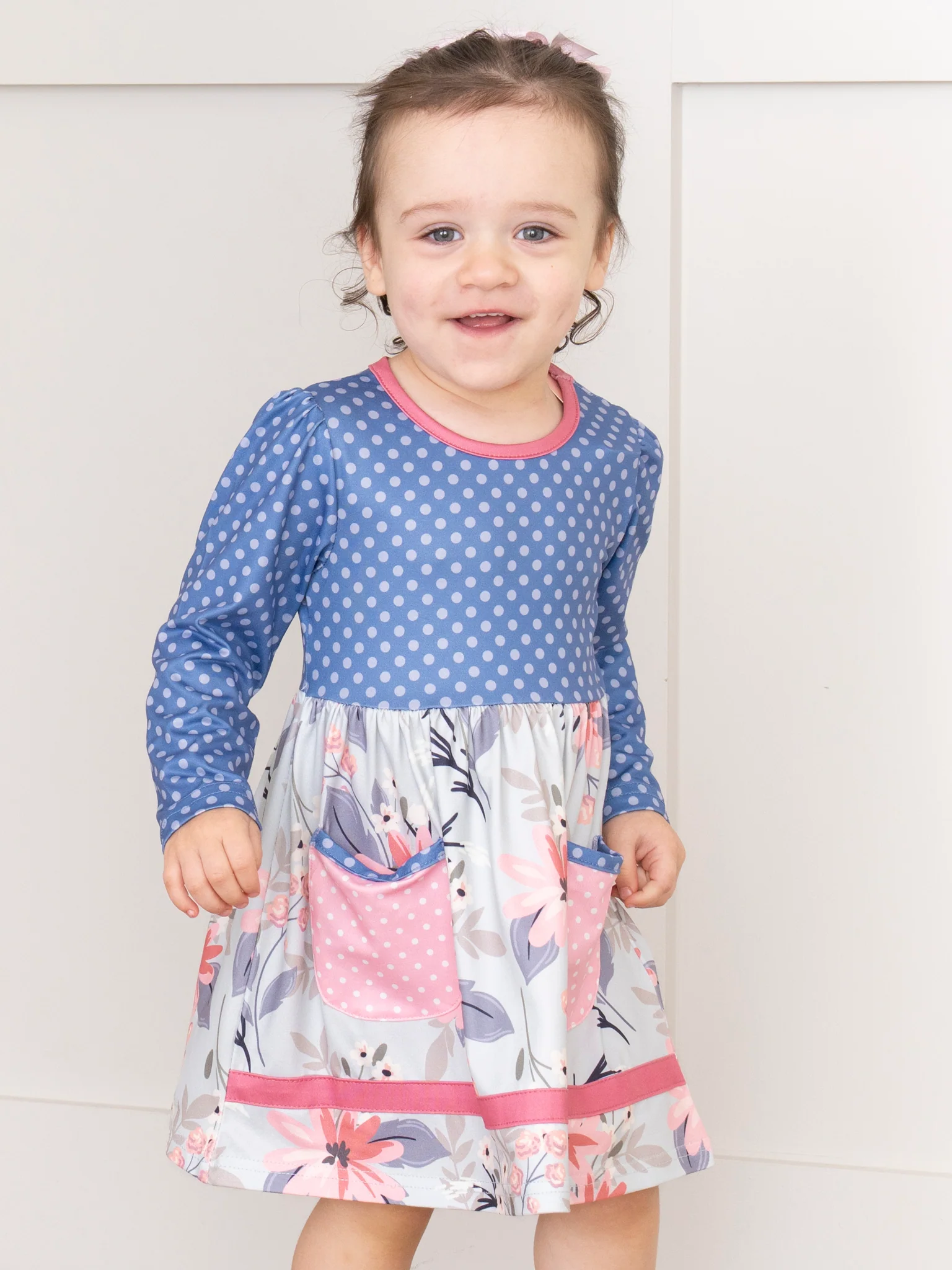 Polka Dot Pocket Floral Dress- Blue