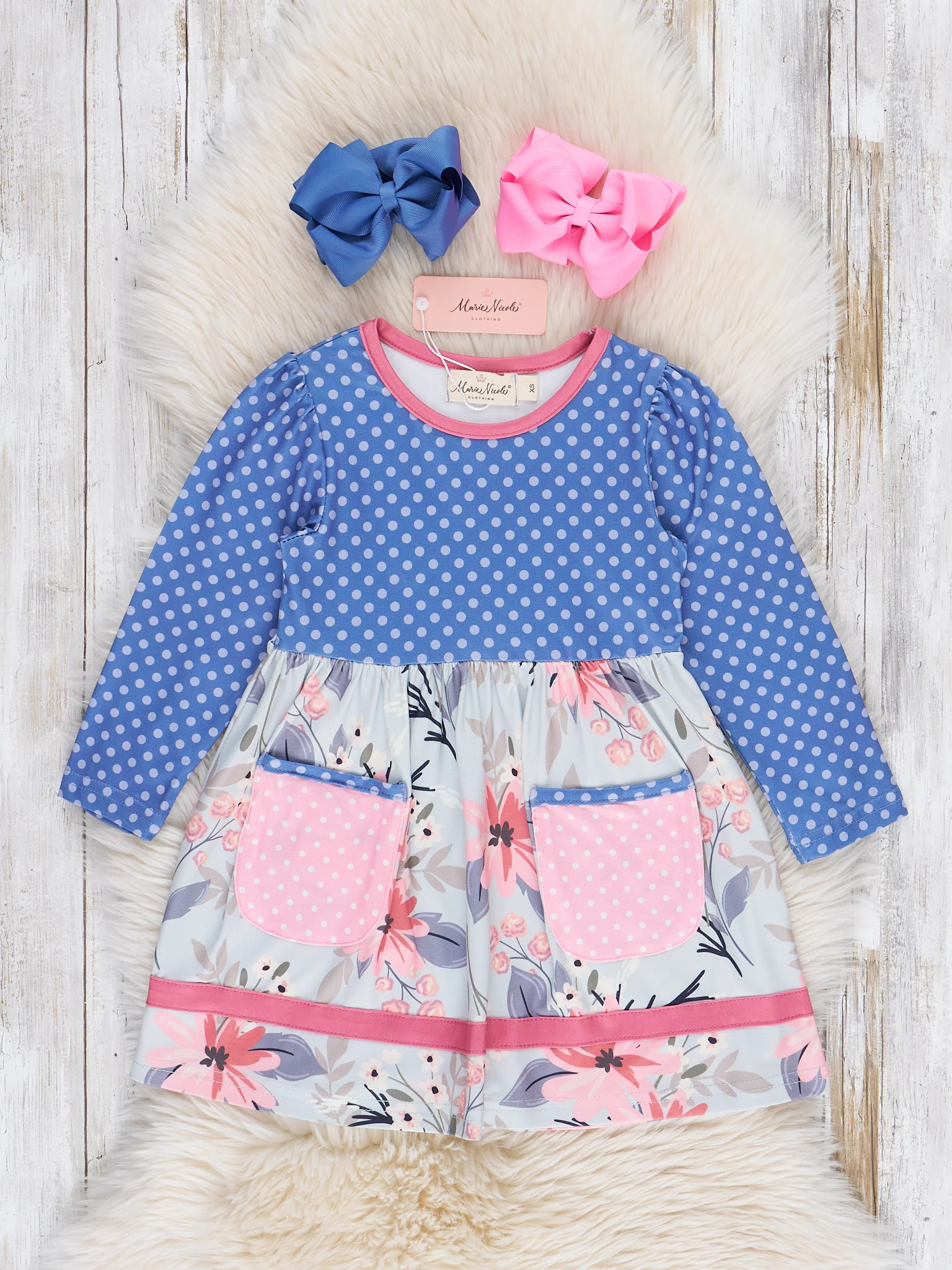 Polka Dot Pocket Floral Dress- Blue - Image 2