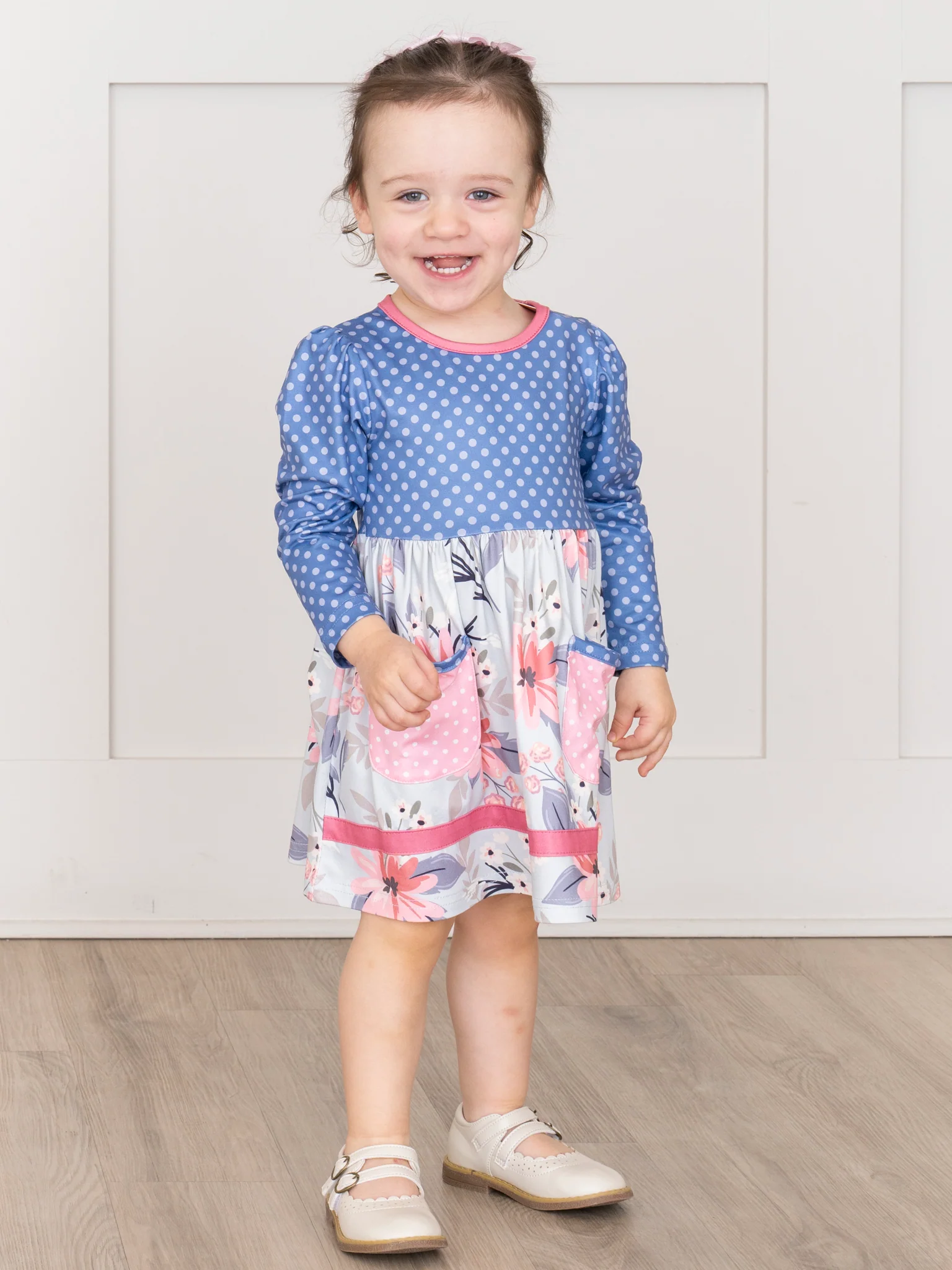 Polka Dot Pocket Floral Dress- Blue - Image 3