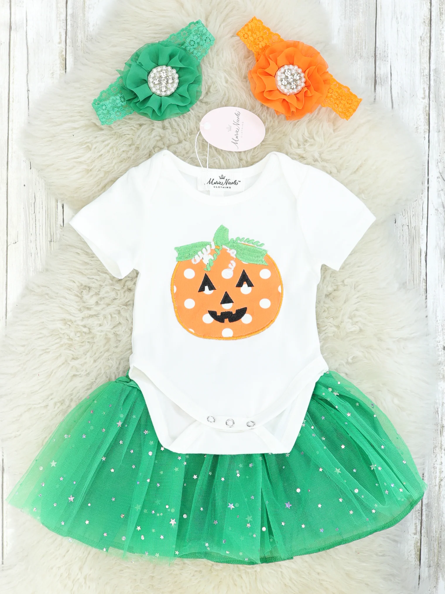 Polka Dot Pumpkin Romper & Green Tulle Skirt - Image 2