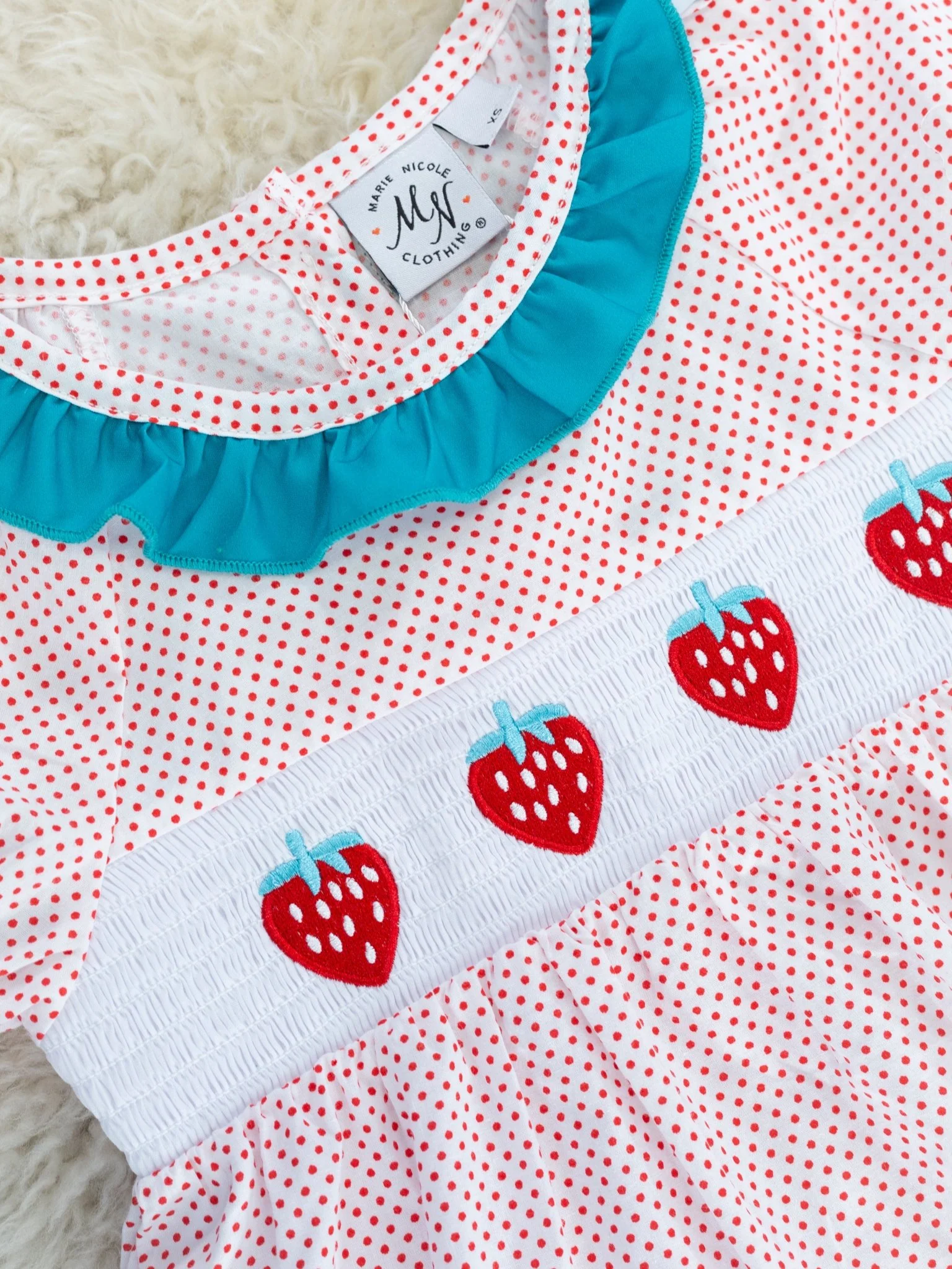 Polka Dot Smocked Strawberry Ruffle Dress - Image 2