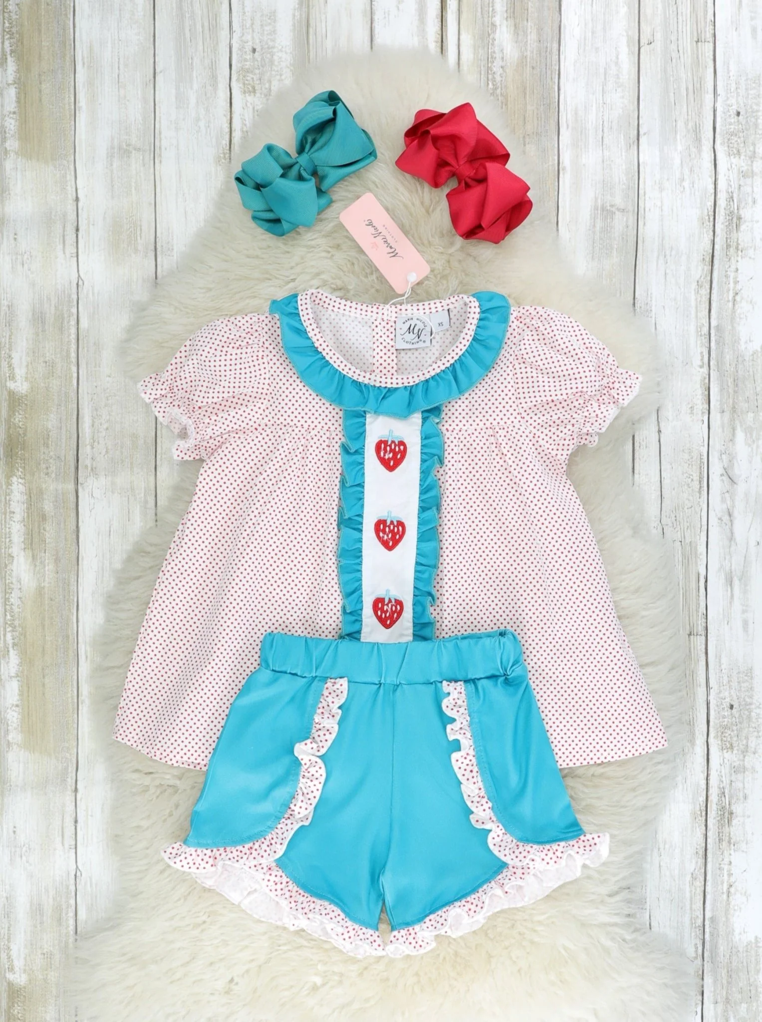Polka Dot Smocked Strawberry Ruffle Outfit - Image 2