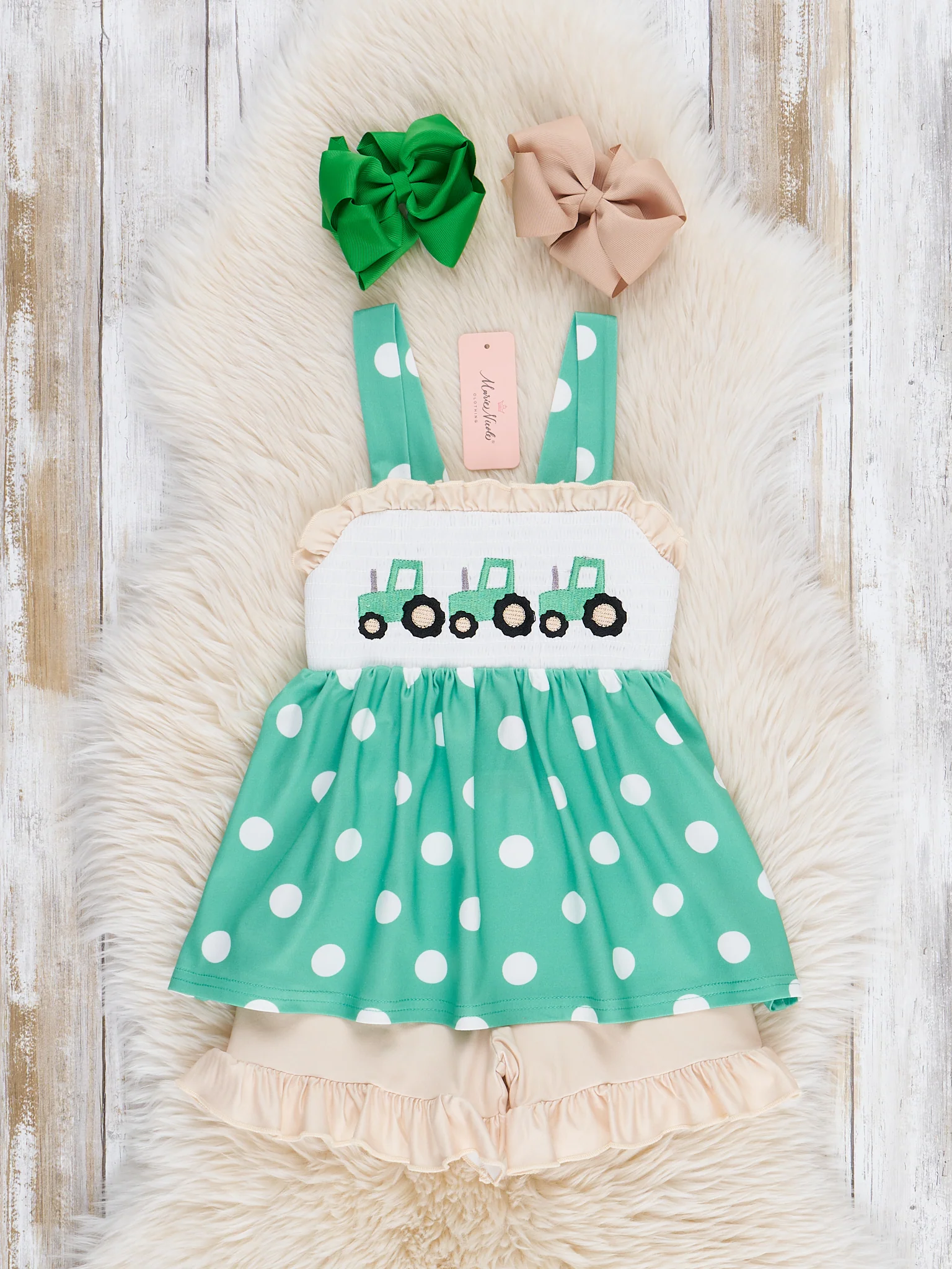 Polka Dot Tractor Smocked Outfit - Image 2