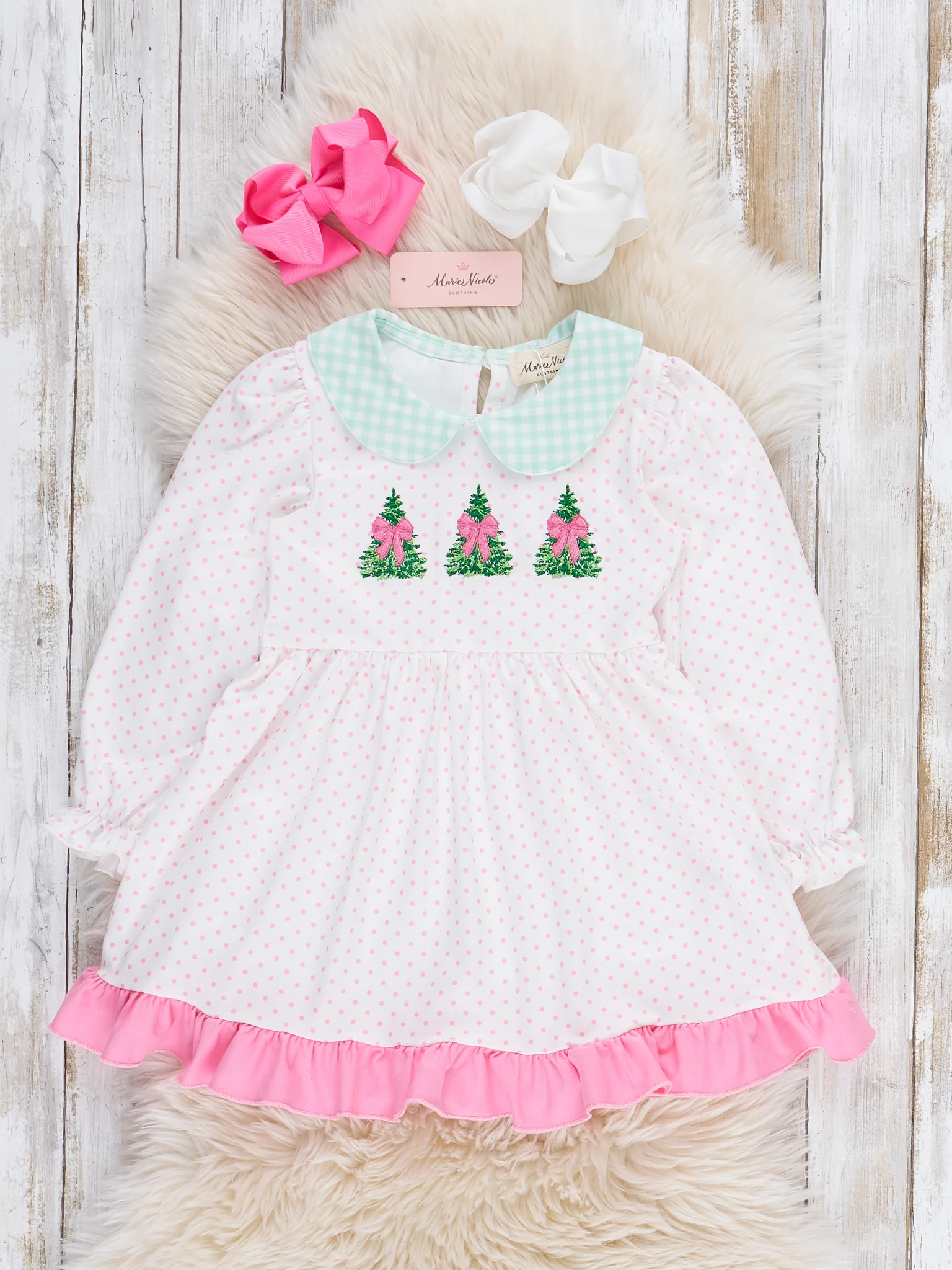 Polka Dottie Christmas Tree Embroidered Ruffle Dress