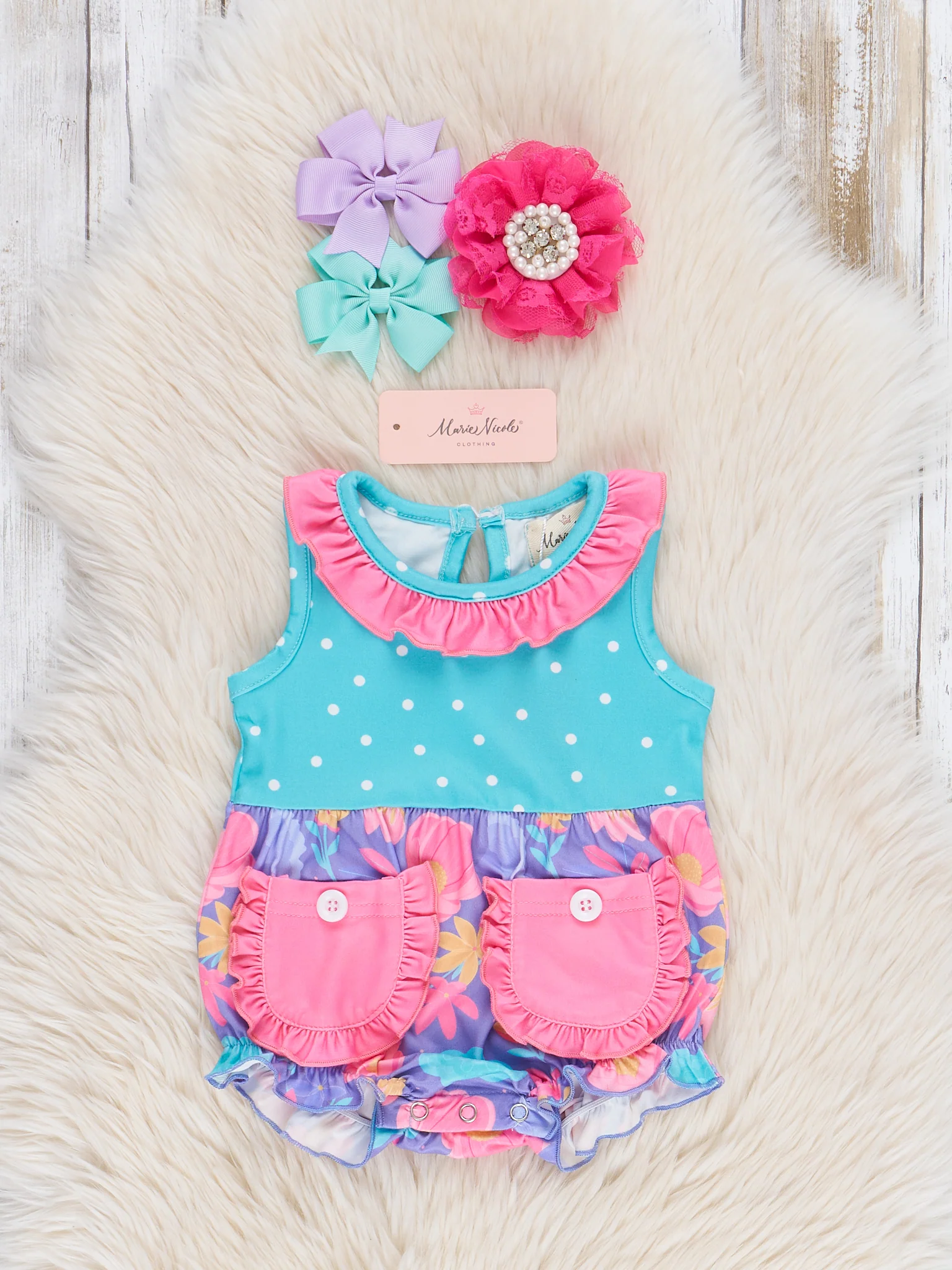 Poppy Dots Ruffle Pocket Bubble Romper