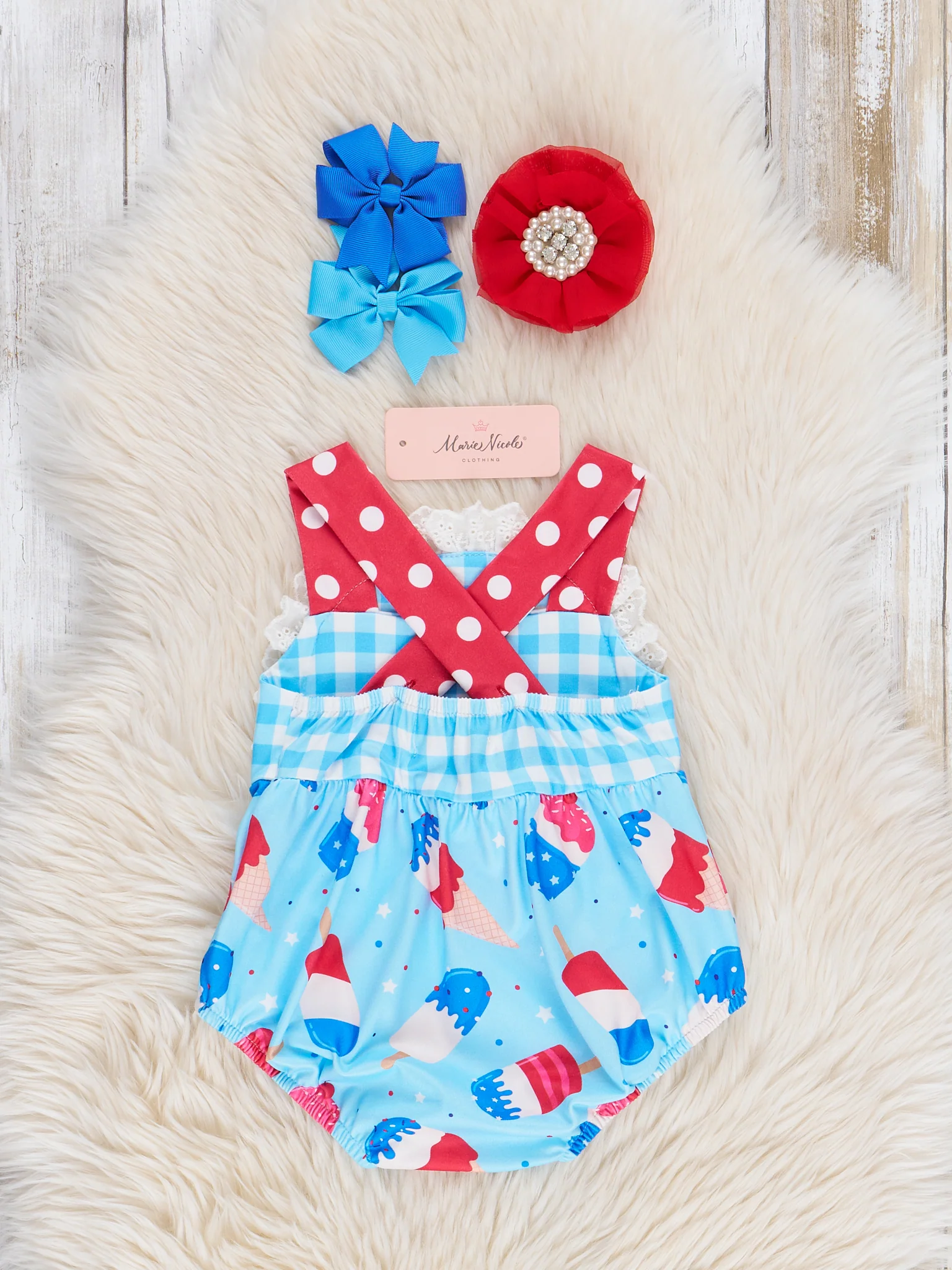 Popsicle Gingham Patriotic Ruffle Bubble Romper - Image 2