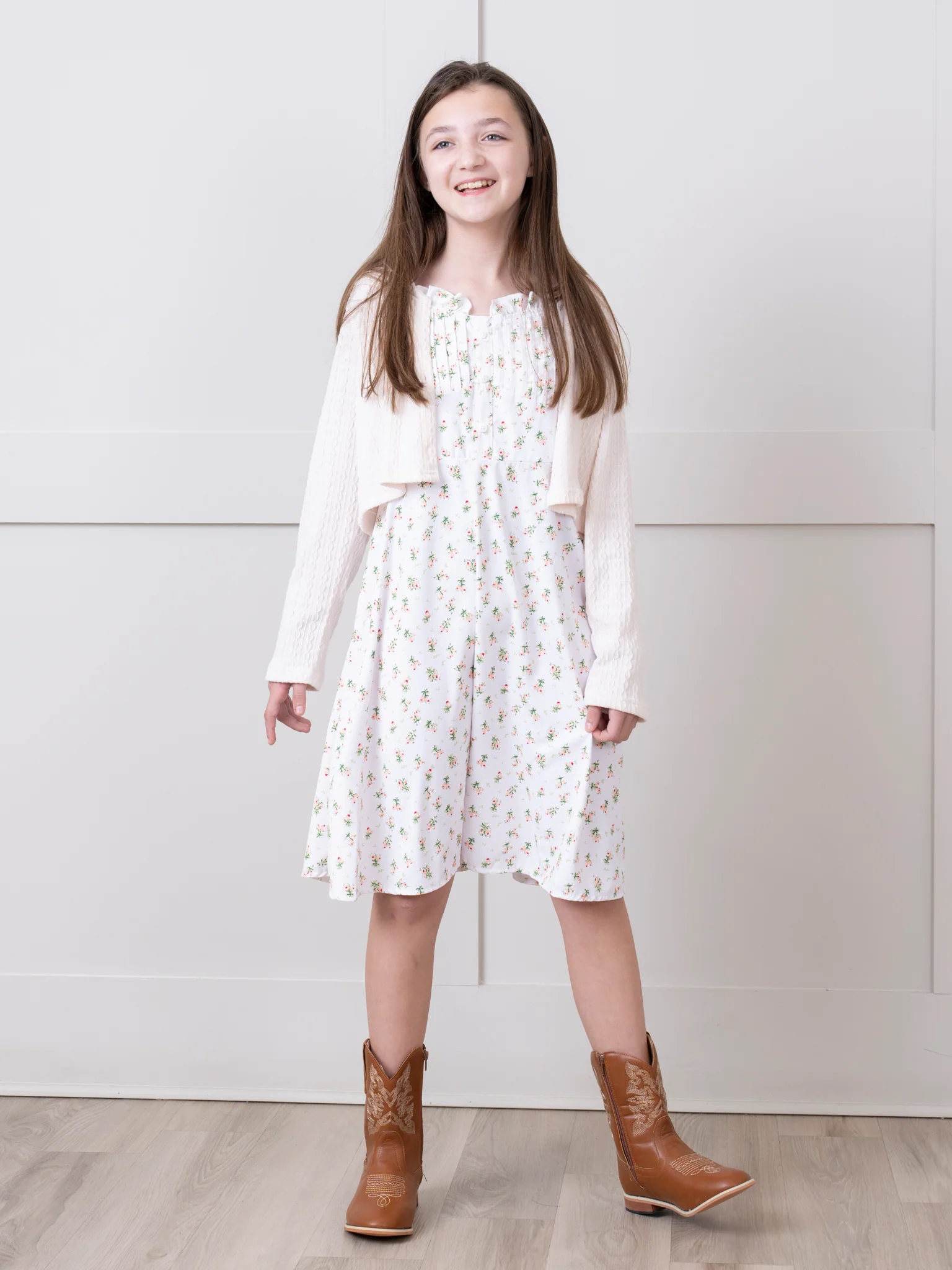 Pre-Teen Floral Cream Elegant Pleat Dress & Cardigan