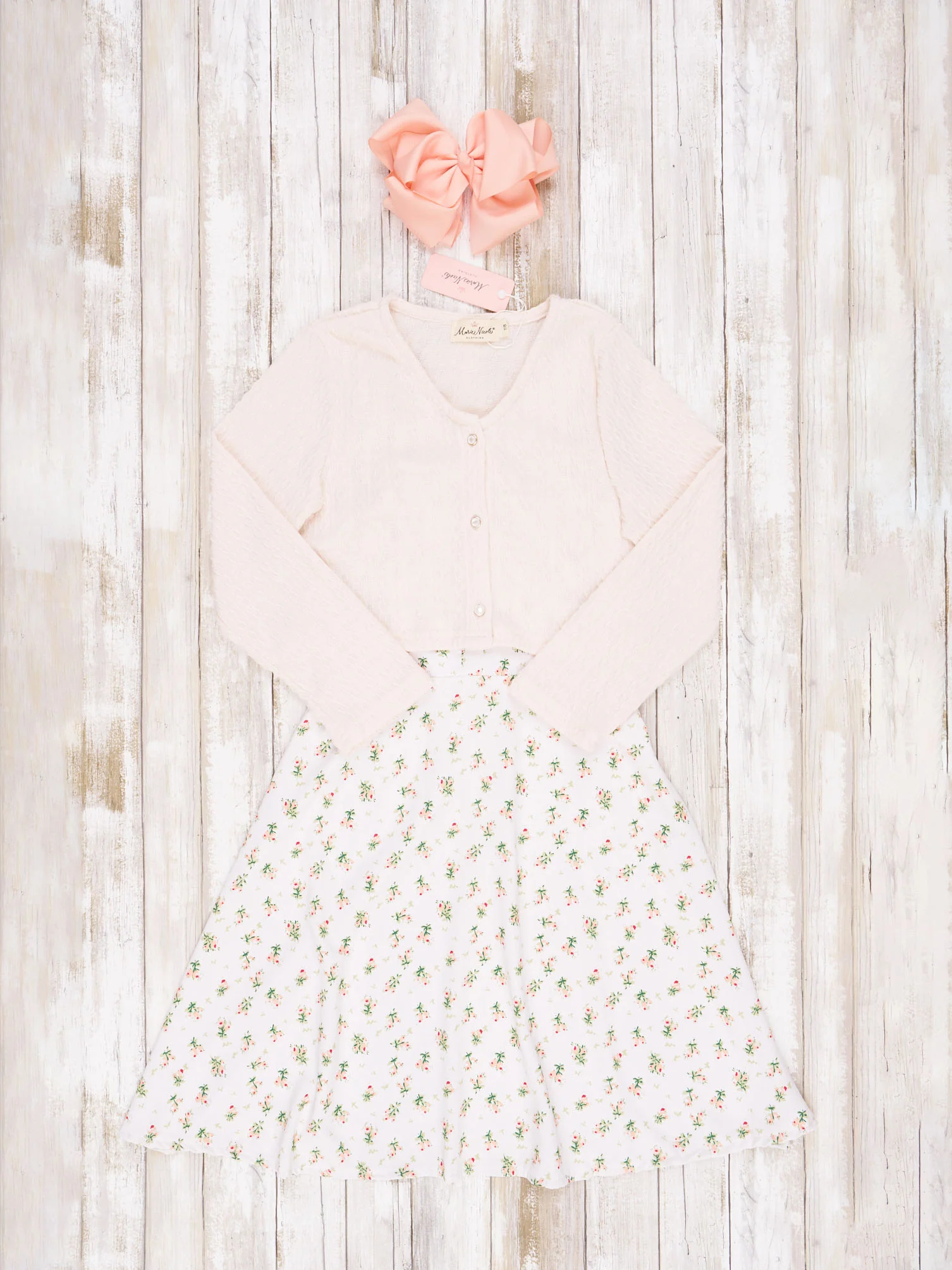 Pre-Teen Floral Cream Elegant Pleat Dress & Cardigan - Image 2