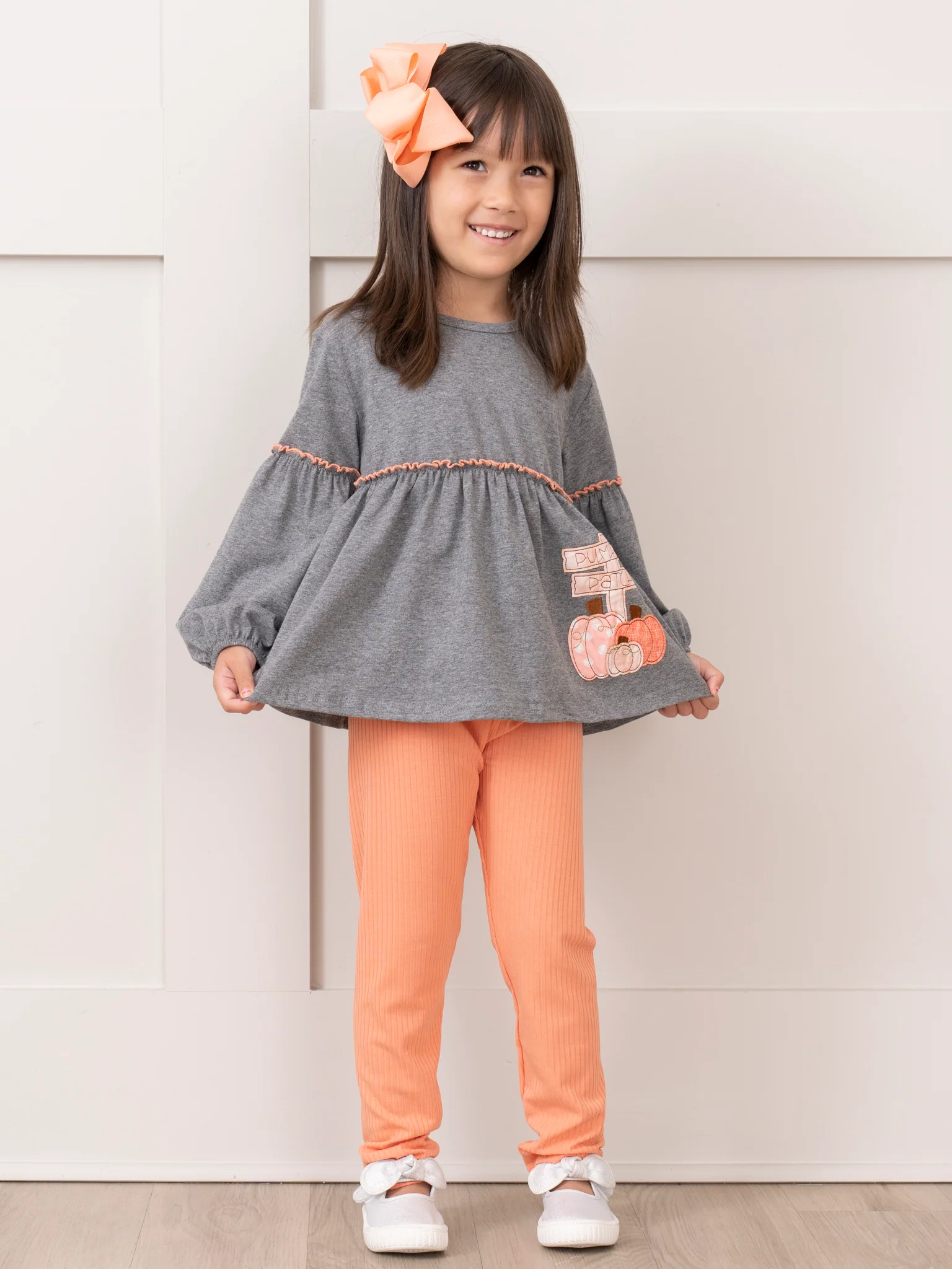 Orange & Grey Pumpkin Patch Bubble Sleeve Outfit