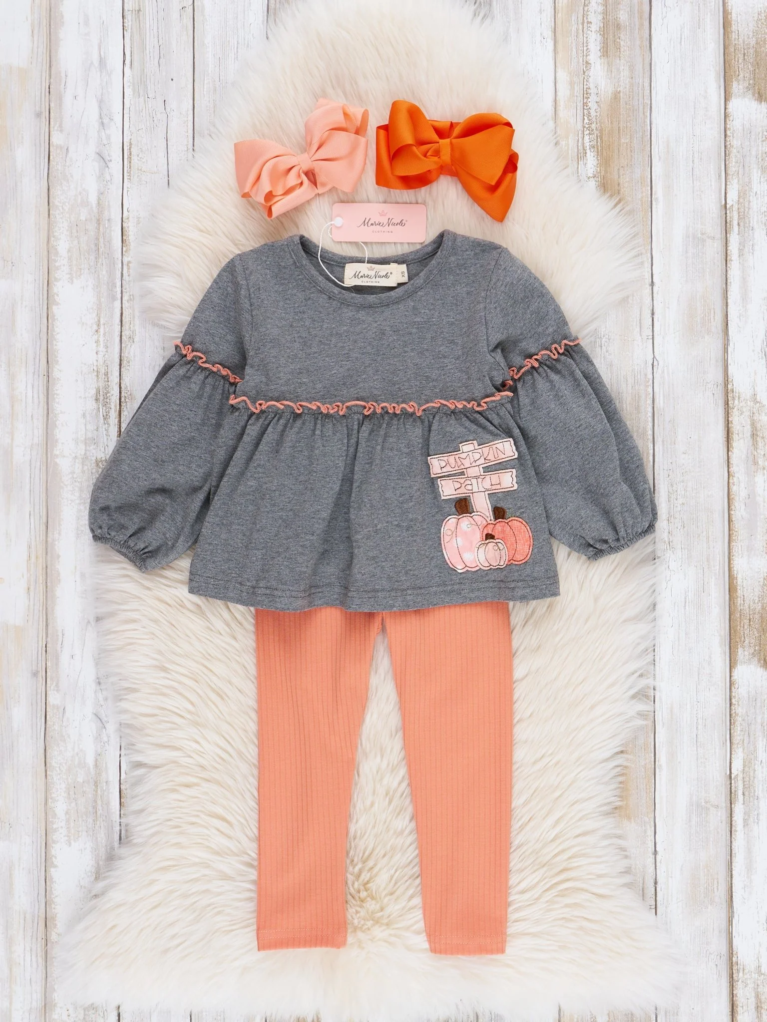 Orange & Grey Pumpkin Patch Bubble Sleeve Outfit - Image 2