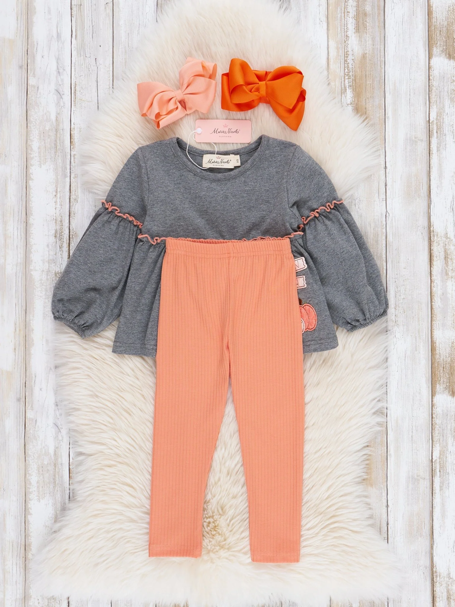 Orange & Grey Pumpkin Patch Bubble Sleeve Outfit - Image 3