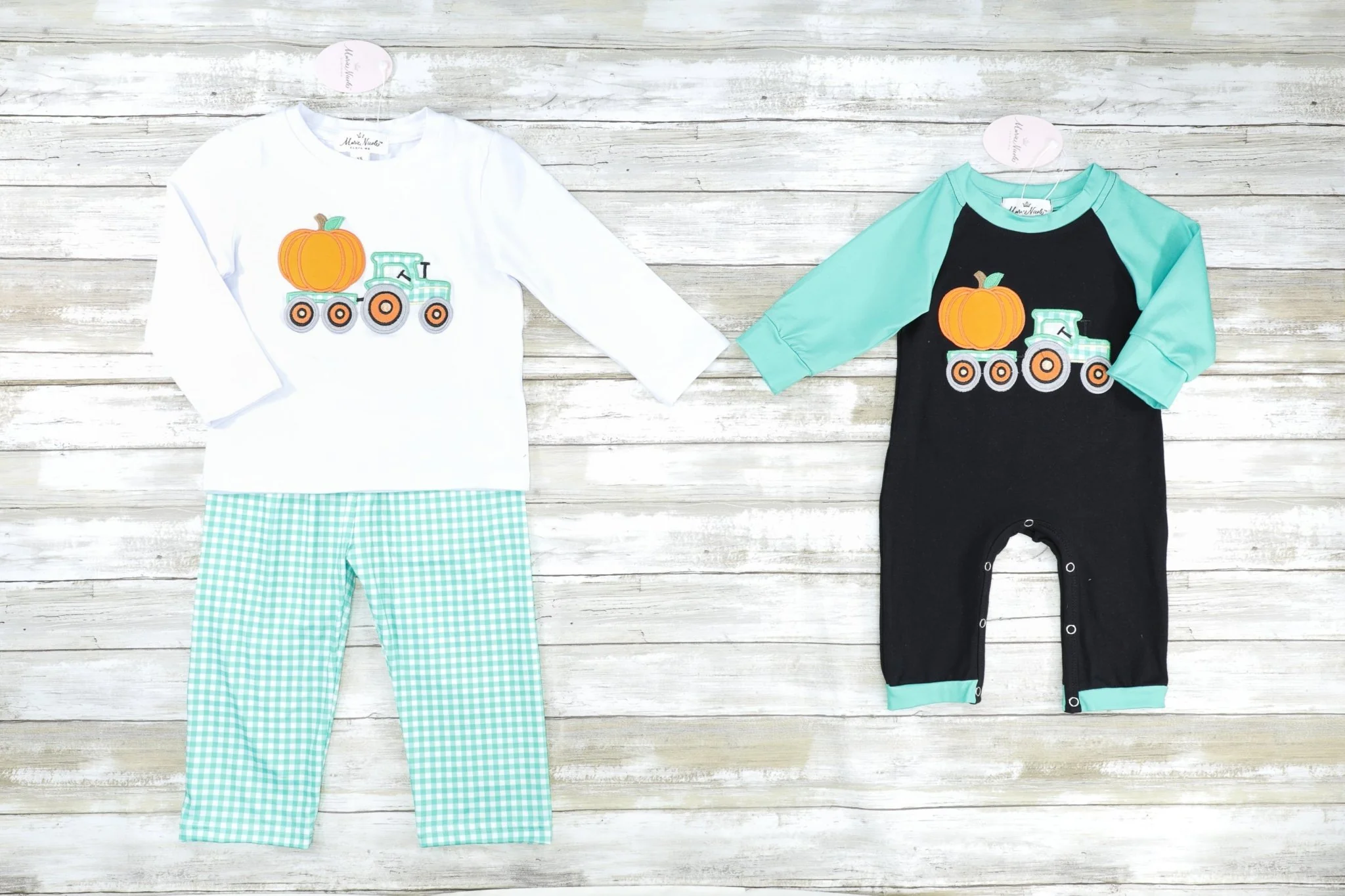 Pumpkin Tractor Green Gingham Outfit - Image 2