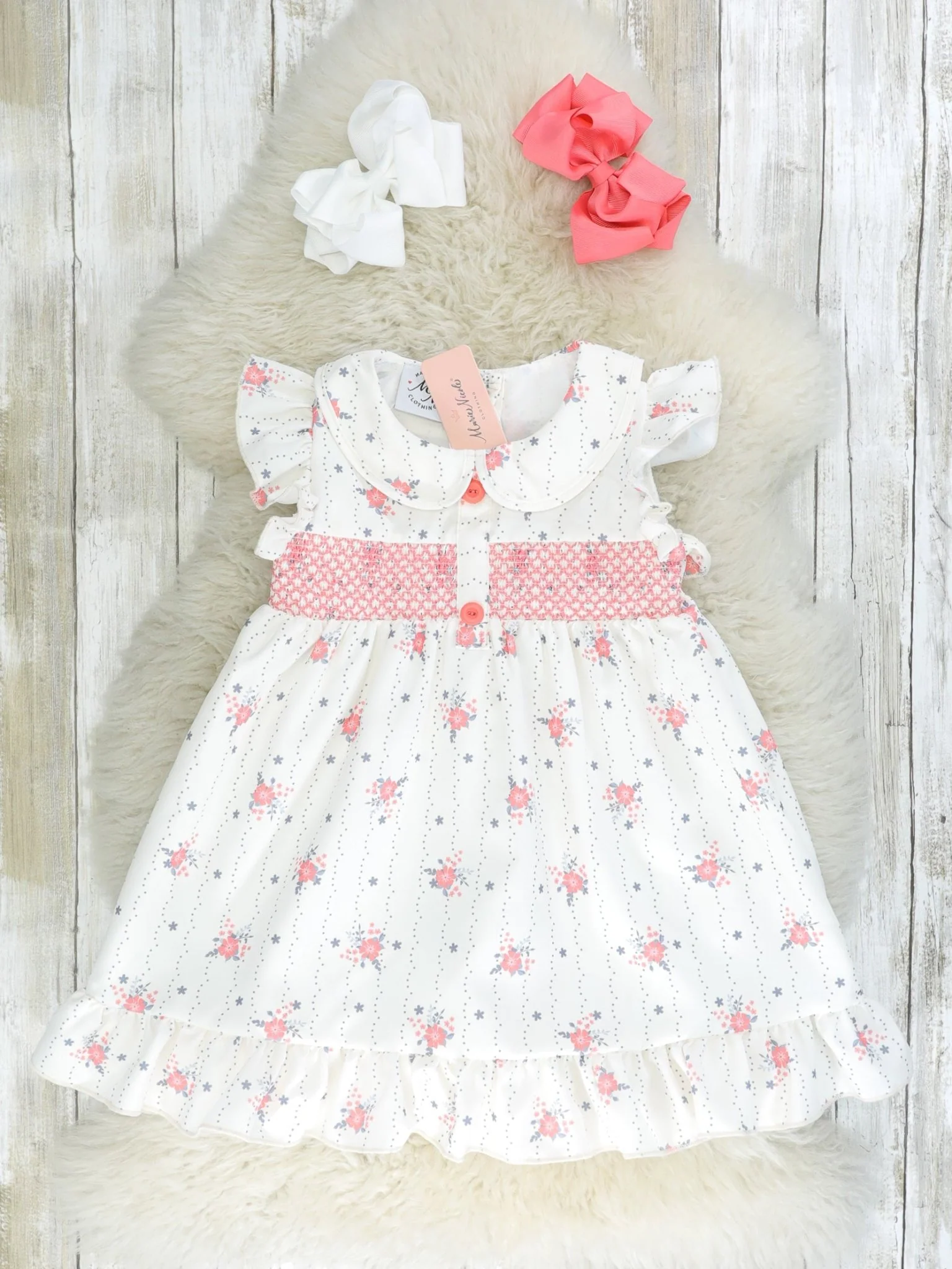 Punch Pink Smocked Floral Vintage Ruffle Dress