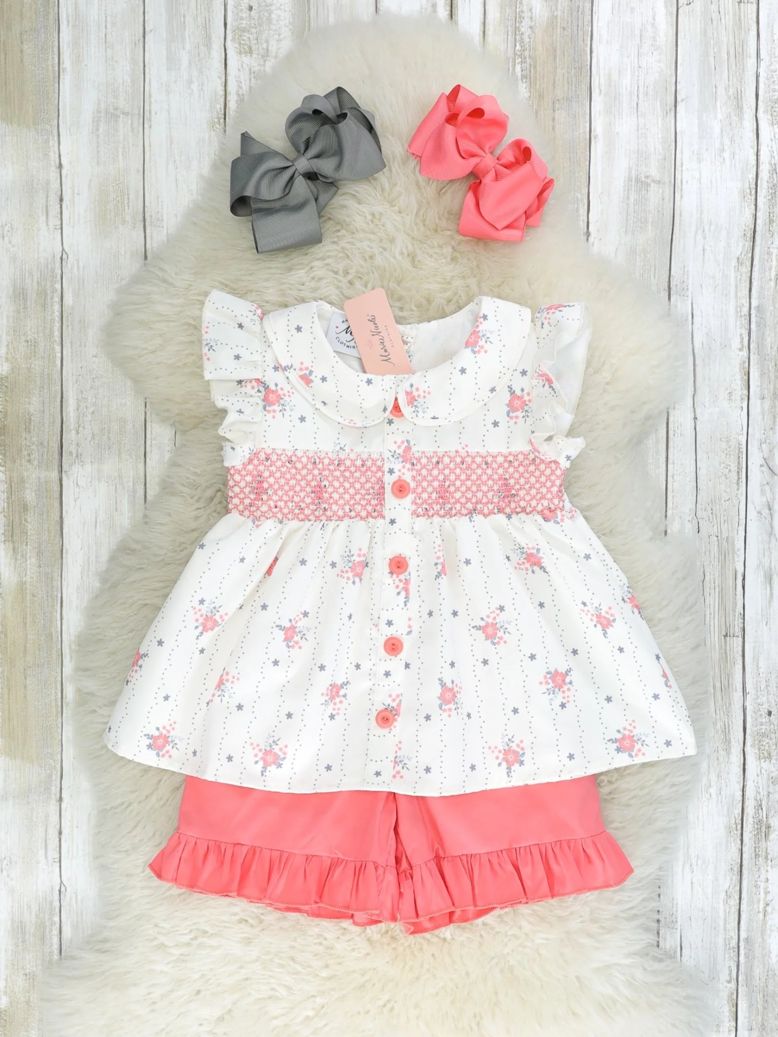 Punch Pink Smocked Floral Vintage Ruffle Outfit