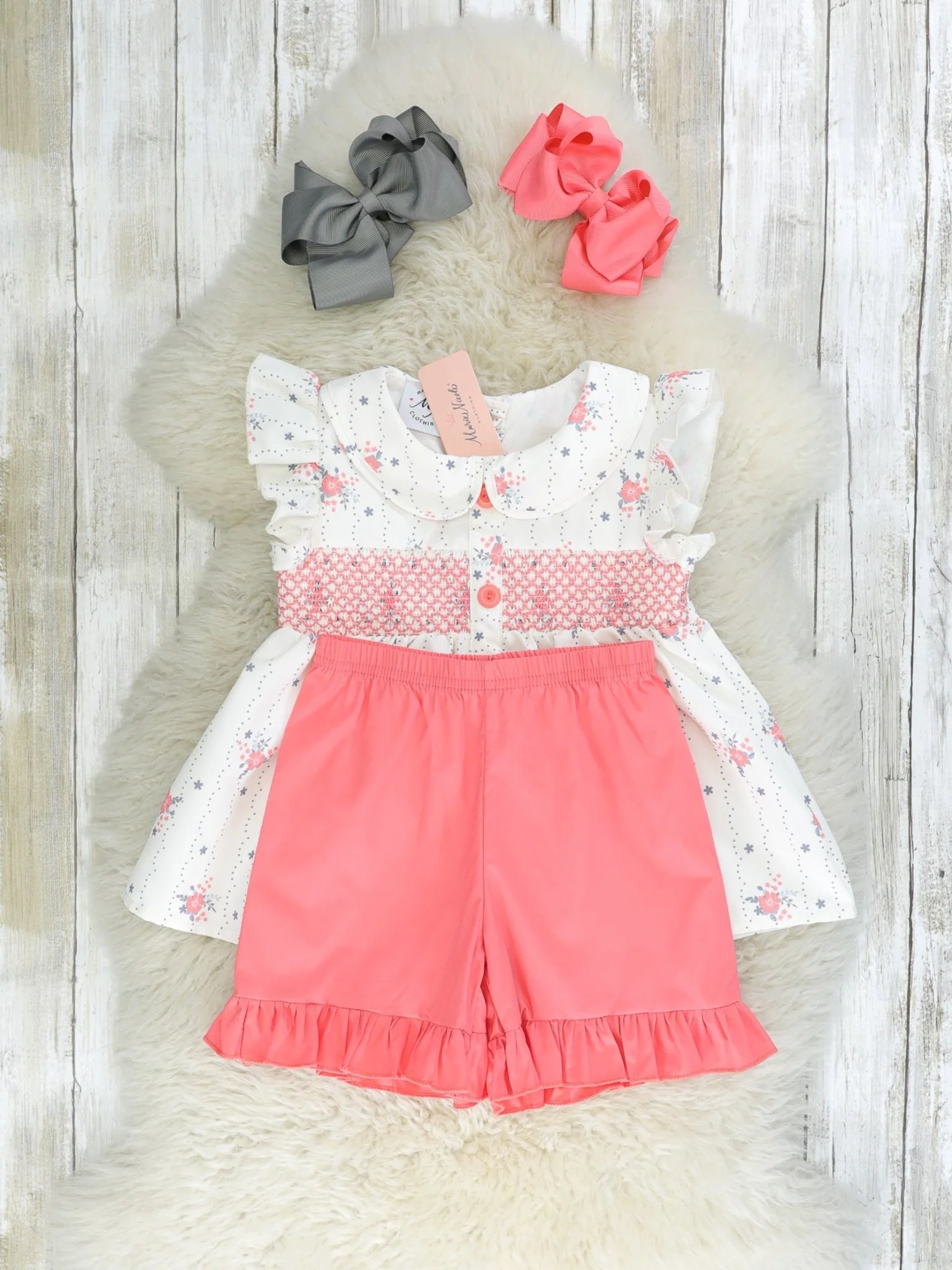 Punch Pink Smocked Floral Vintage Ruffle Outfit - Image 2