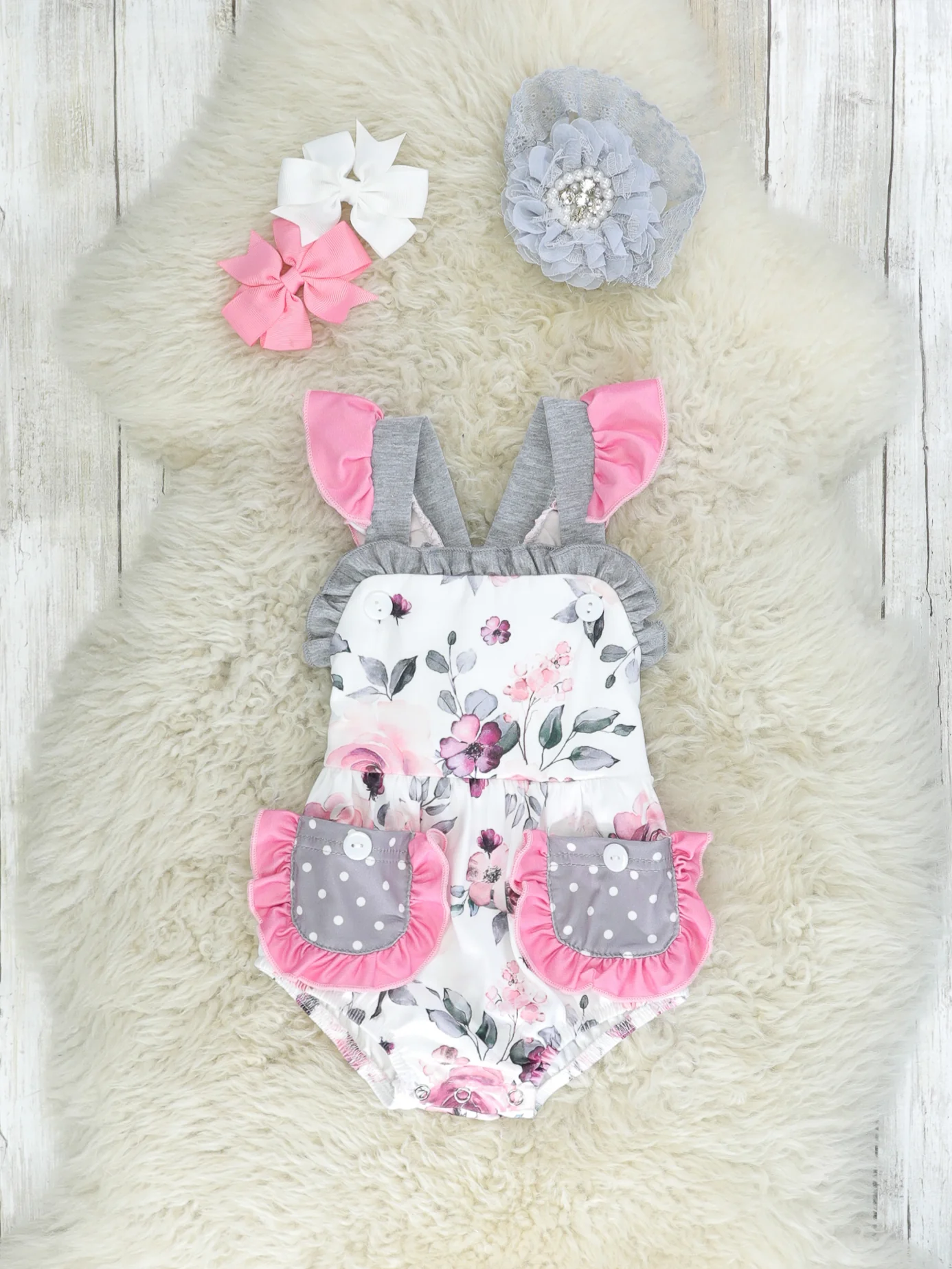 Punch Pink Watercolor Rose Pocket Bubble Romper