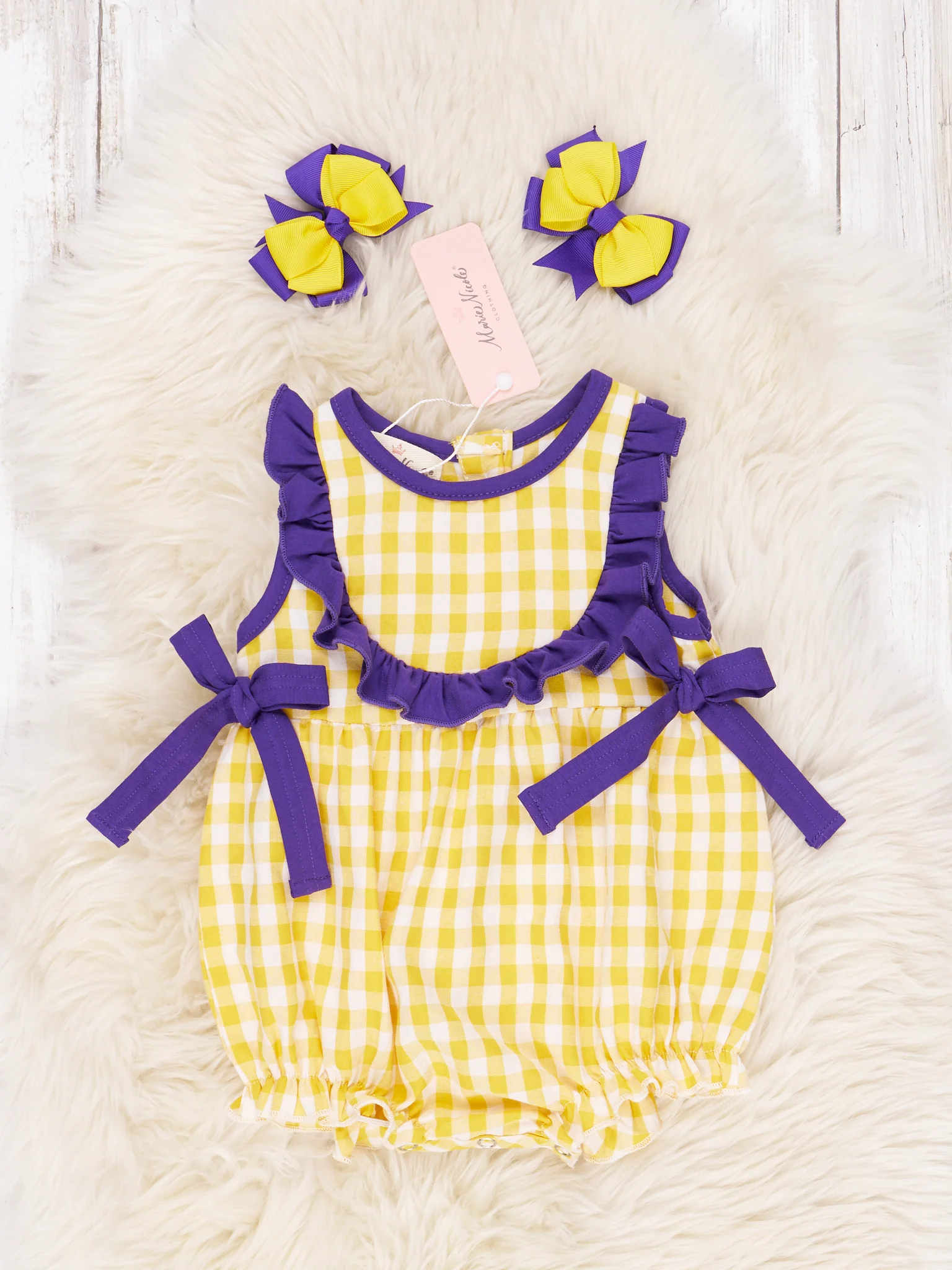 Purple & Gold Gingham Ruffle Romper