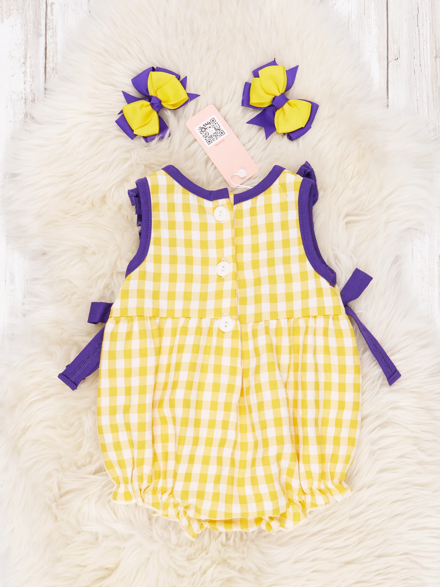 Purple & Gold Gingham Ruffle Romper - Image 2