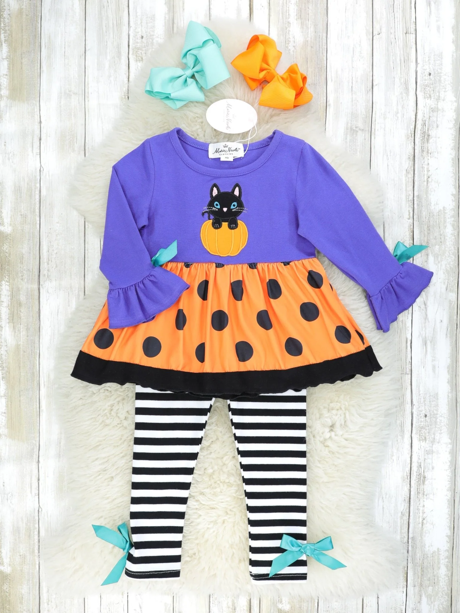 Purple Cat Pumpkin Polka Dot Top & Striped Bottoms Outfit