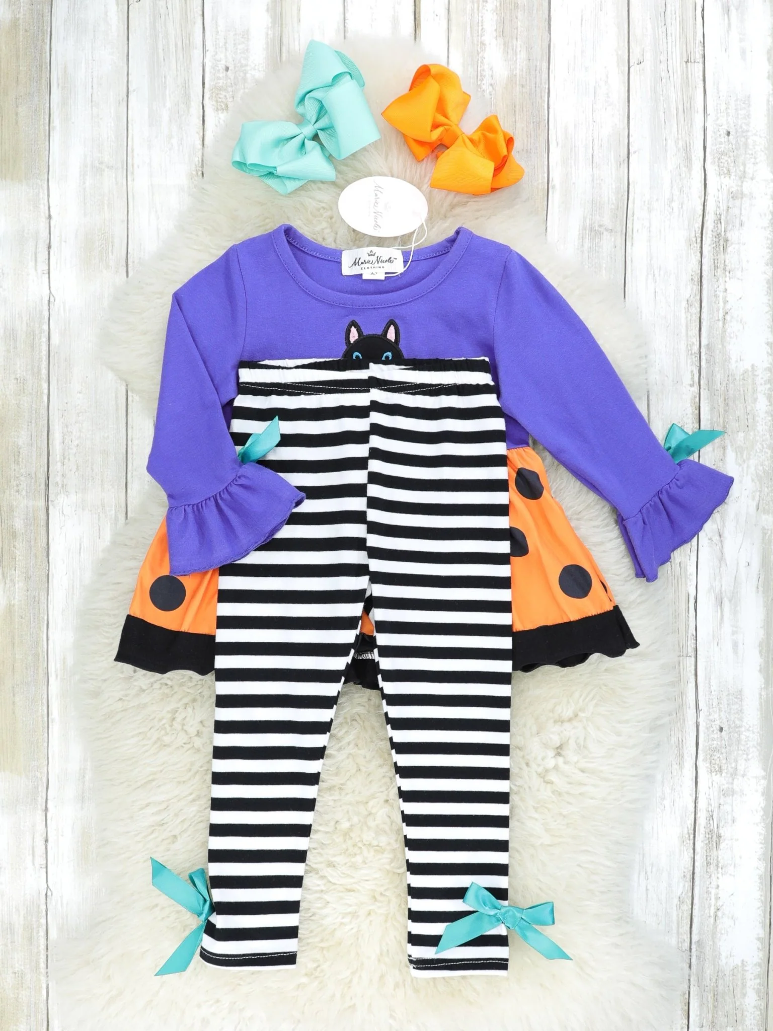 Purple Cat Pumpkin Polka Dot Top & Striped Bottoms Outfit - Image 2