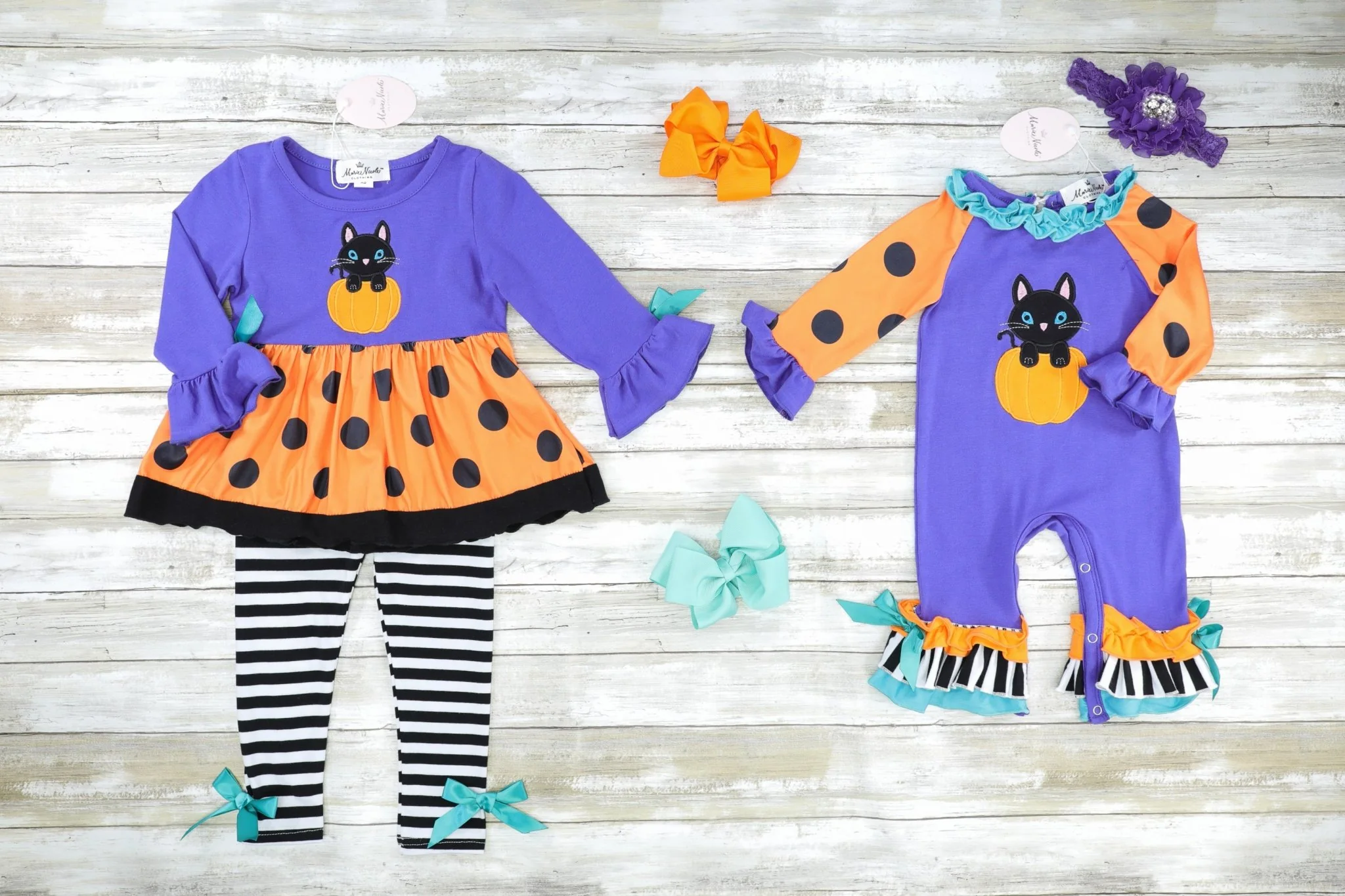 Purple Cat Pumpkin Polka Dot Top & Striped Bottoms Outfit - Image 3