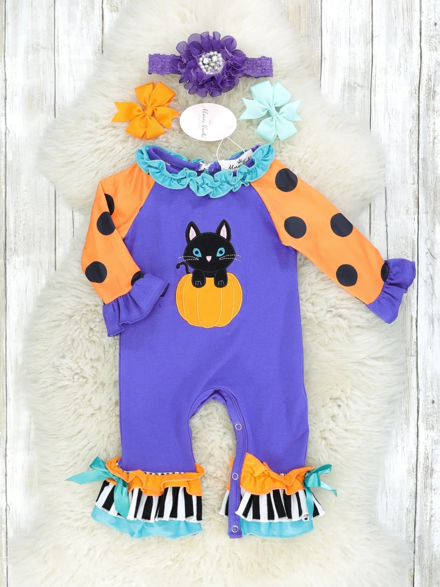 Purple Cat Pumpkin Polka Dot Ruffle Romper