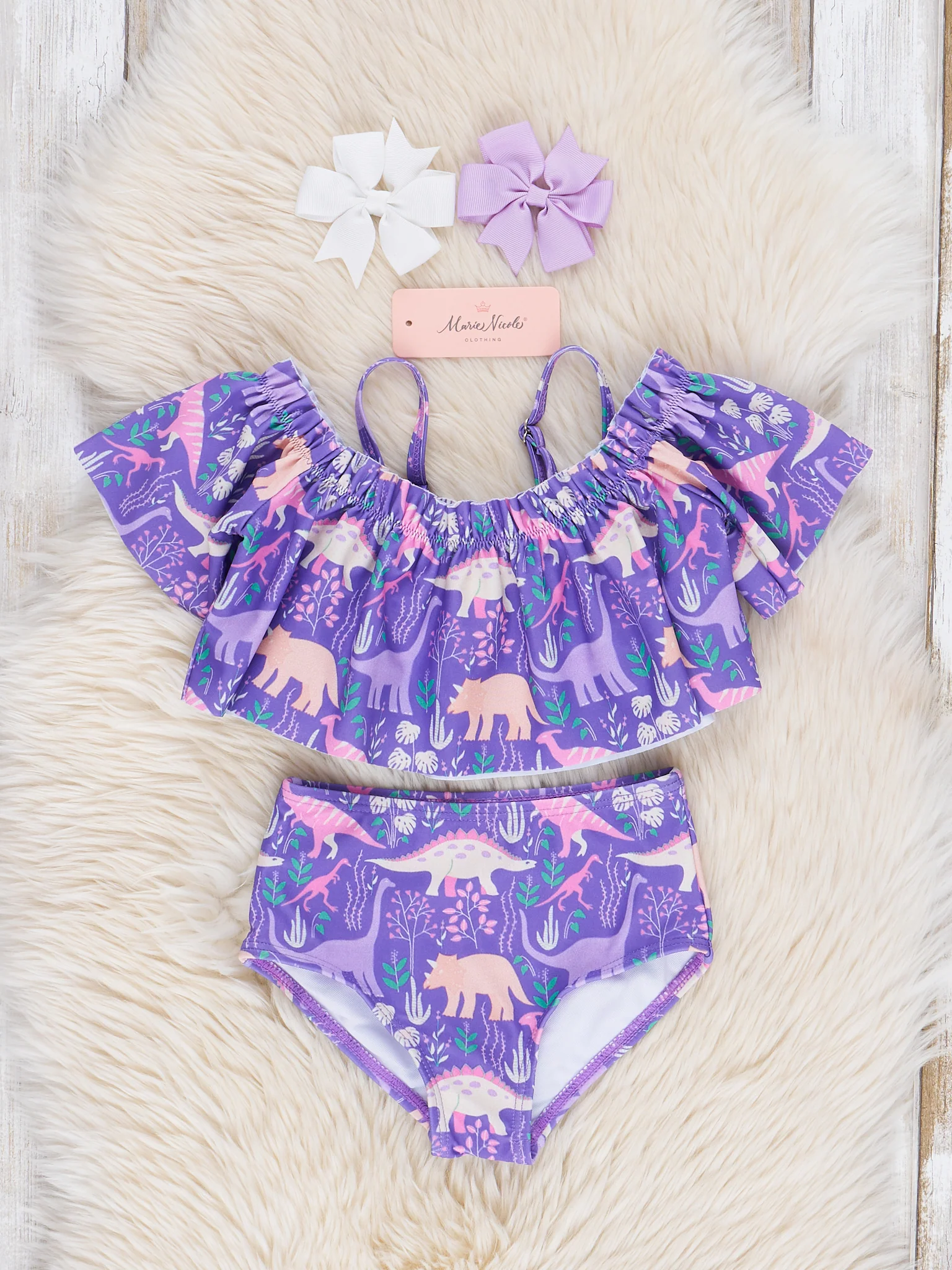 Purple Dinosaur Splash Three-Piece Swimsuit