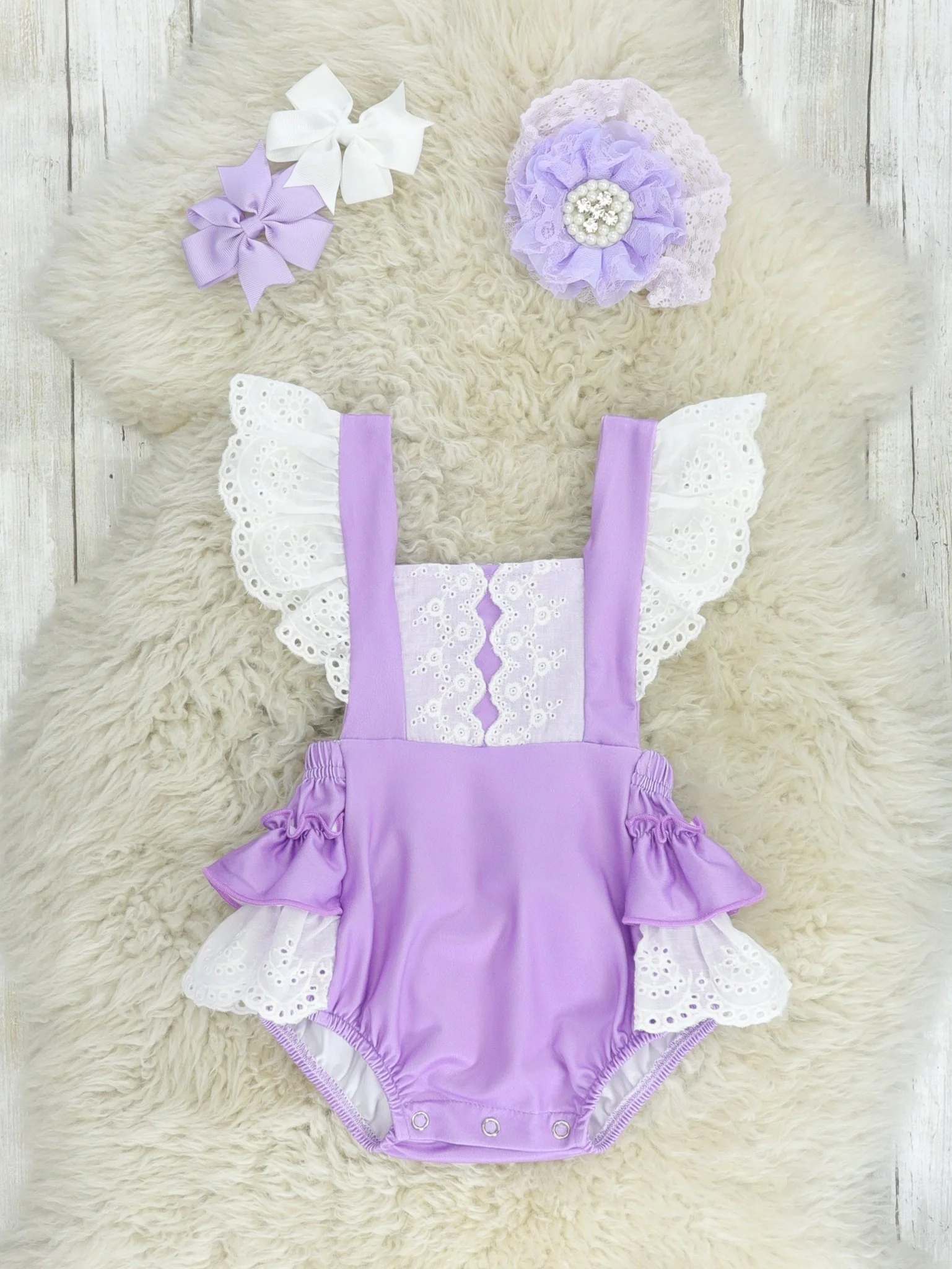 Purple Doily Lace Flutter Trim Bubble Romper