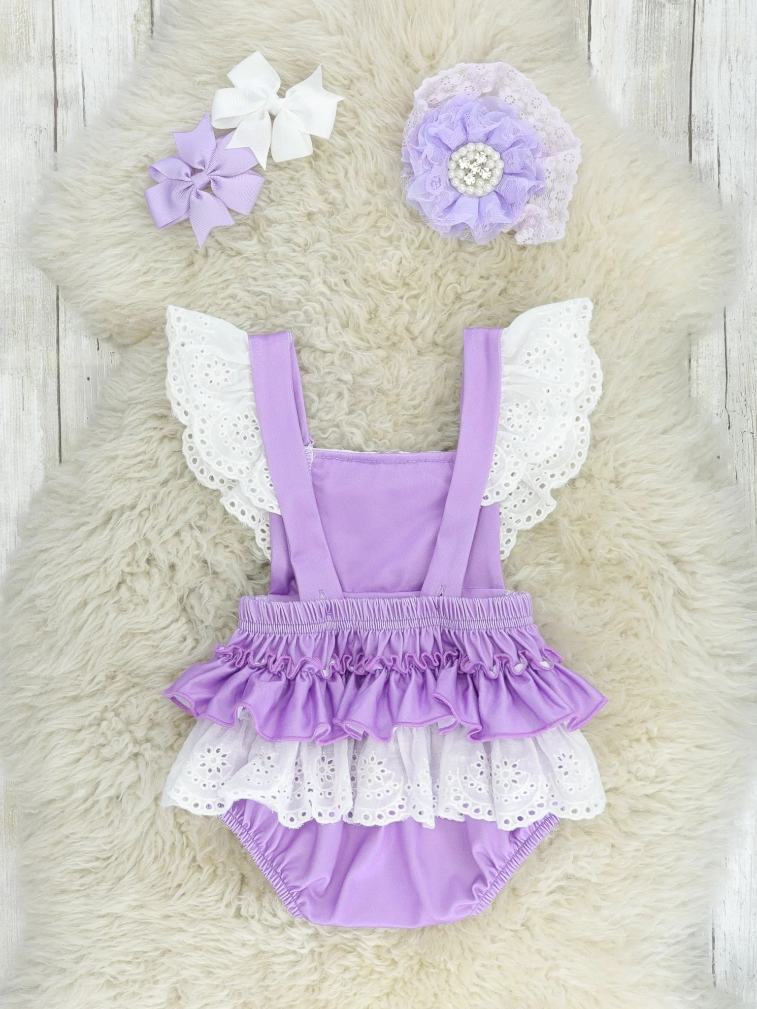 Purple Doily Lace Flutter Trim Bubble Romper - Image 2