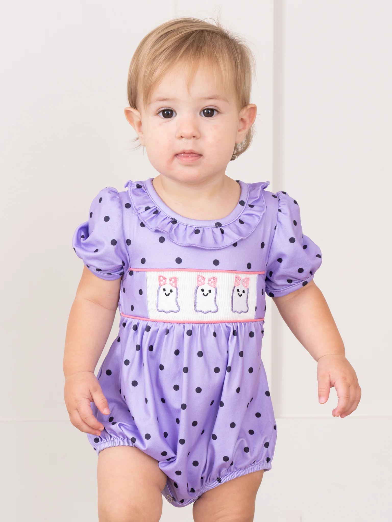 Purple Dots Smocked Ghosts Ruffle Bubble Romper - Image 4