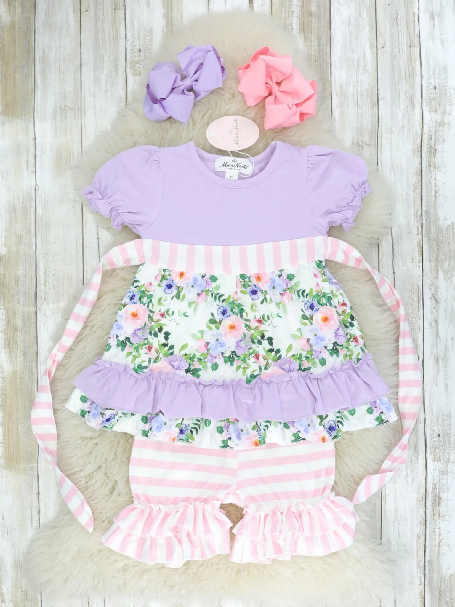 Purple Floral & Pink Striped Ruffle Outfit