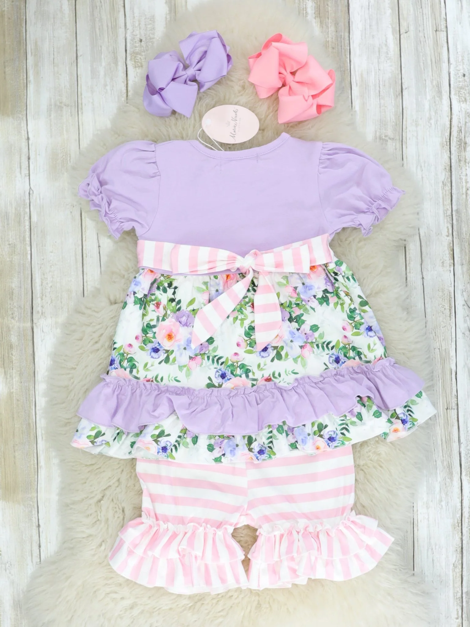 Purple Floral & Pink Striped Ruffle Outfit - Image 2