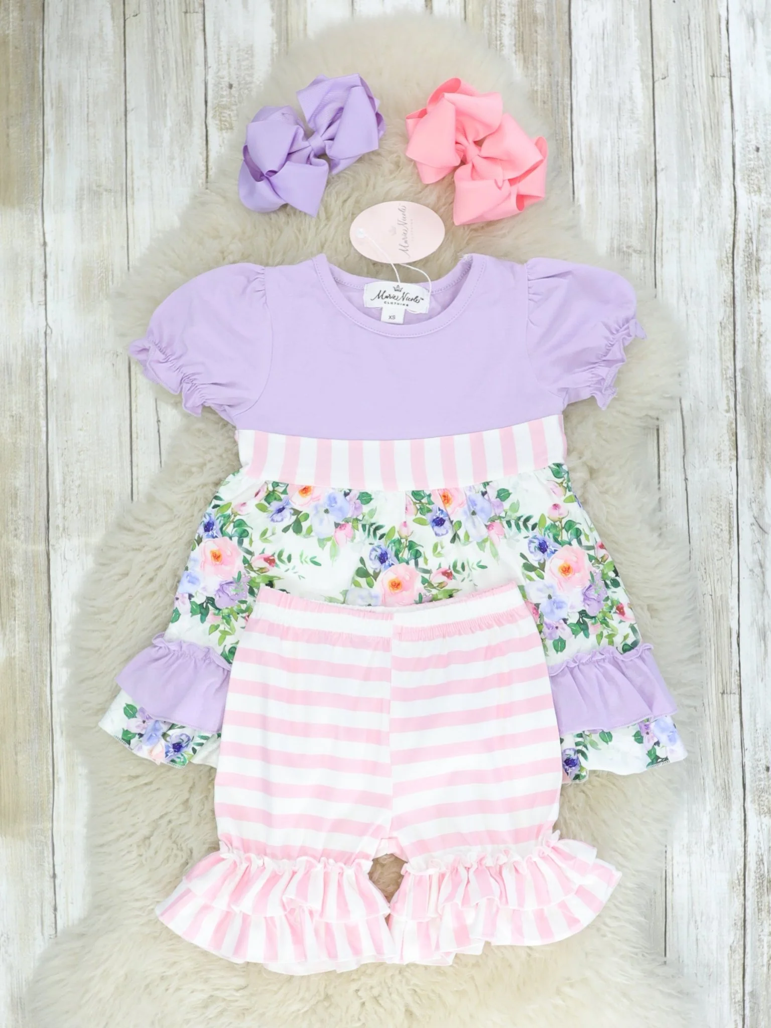 Purple Floral & Pink Striped Ruffle Outfit - Image 3