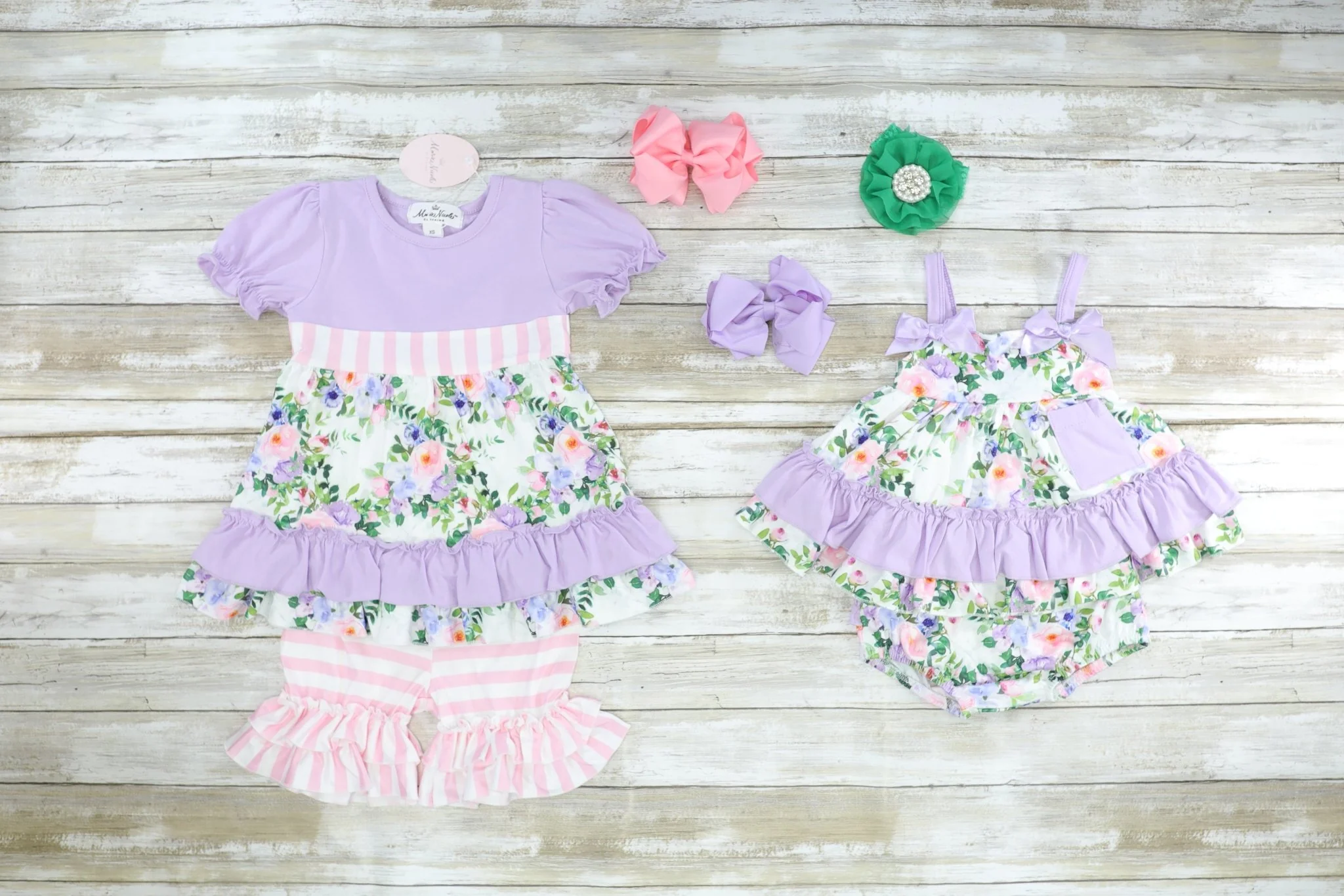 Purple Floral & Pink Striped Ruffle Outfit - Image 4