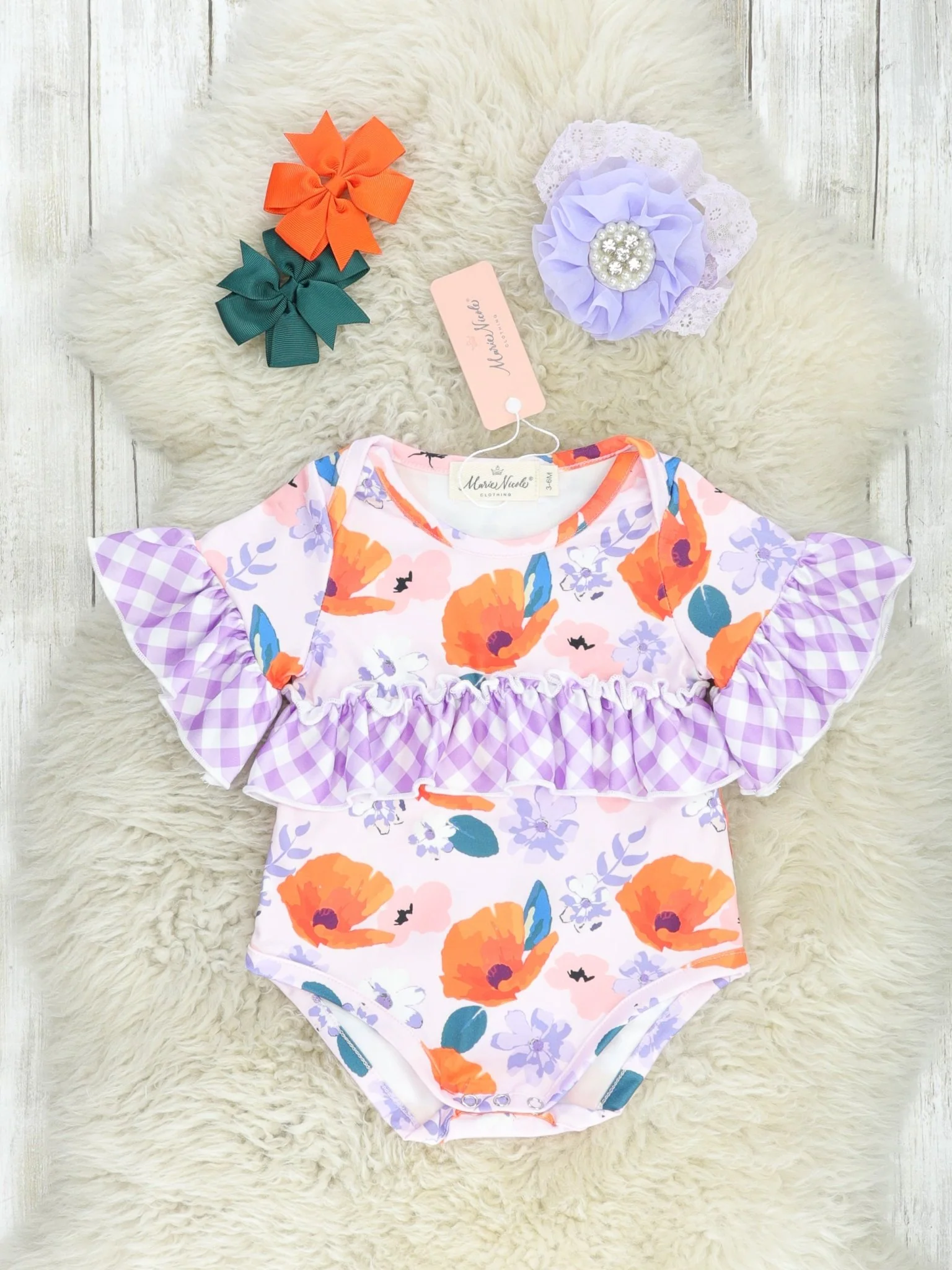 Purple Floral Gingham Ruffle Bubble Romper