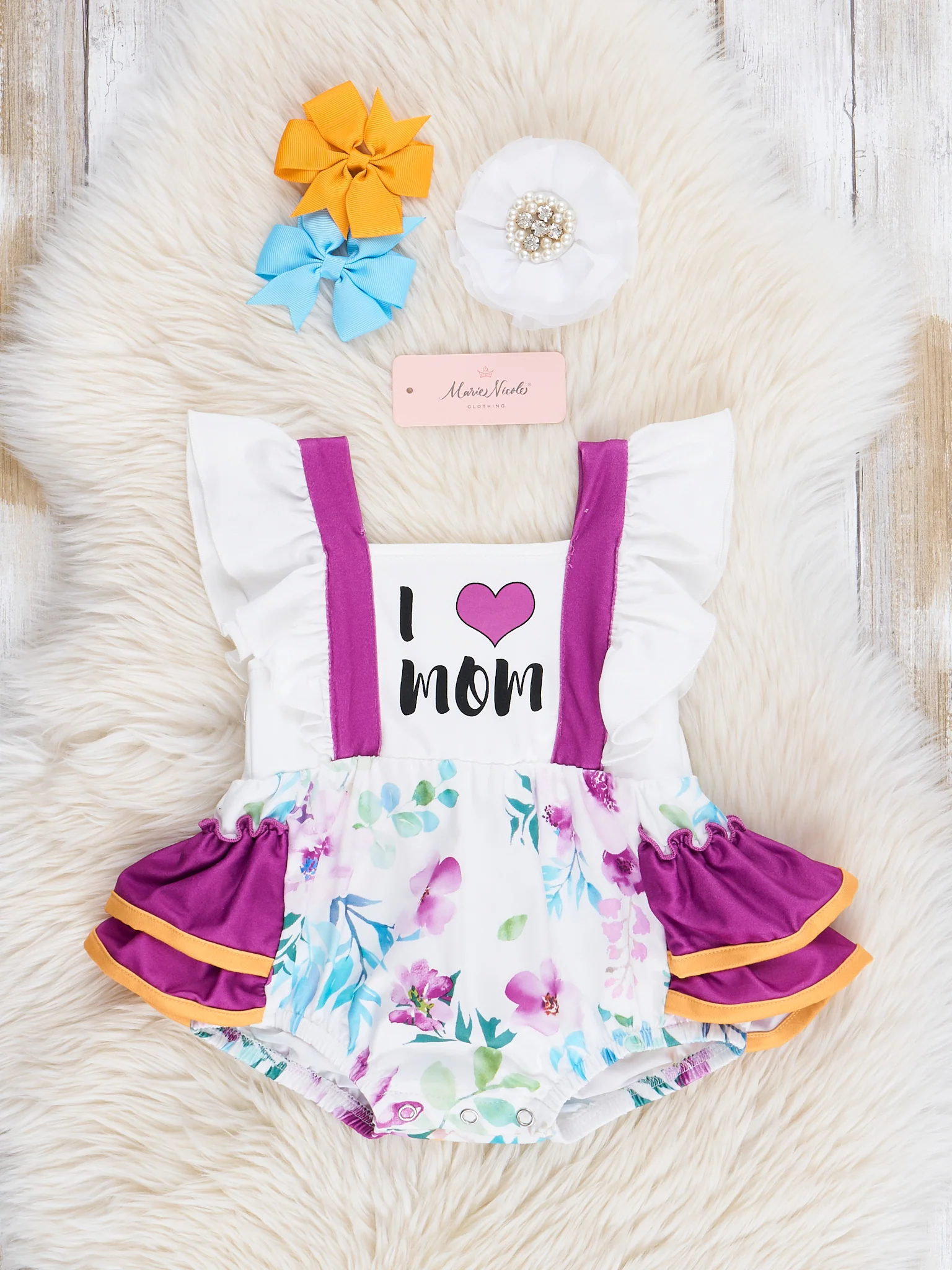 Purple Floral Mom Love Ruffle Bubble Romper