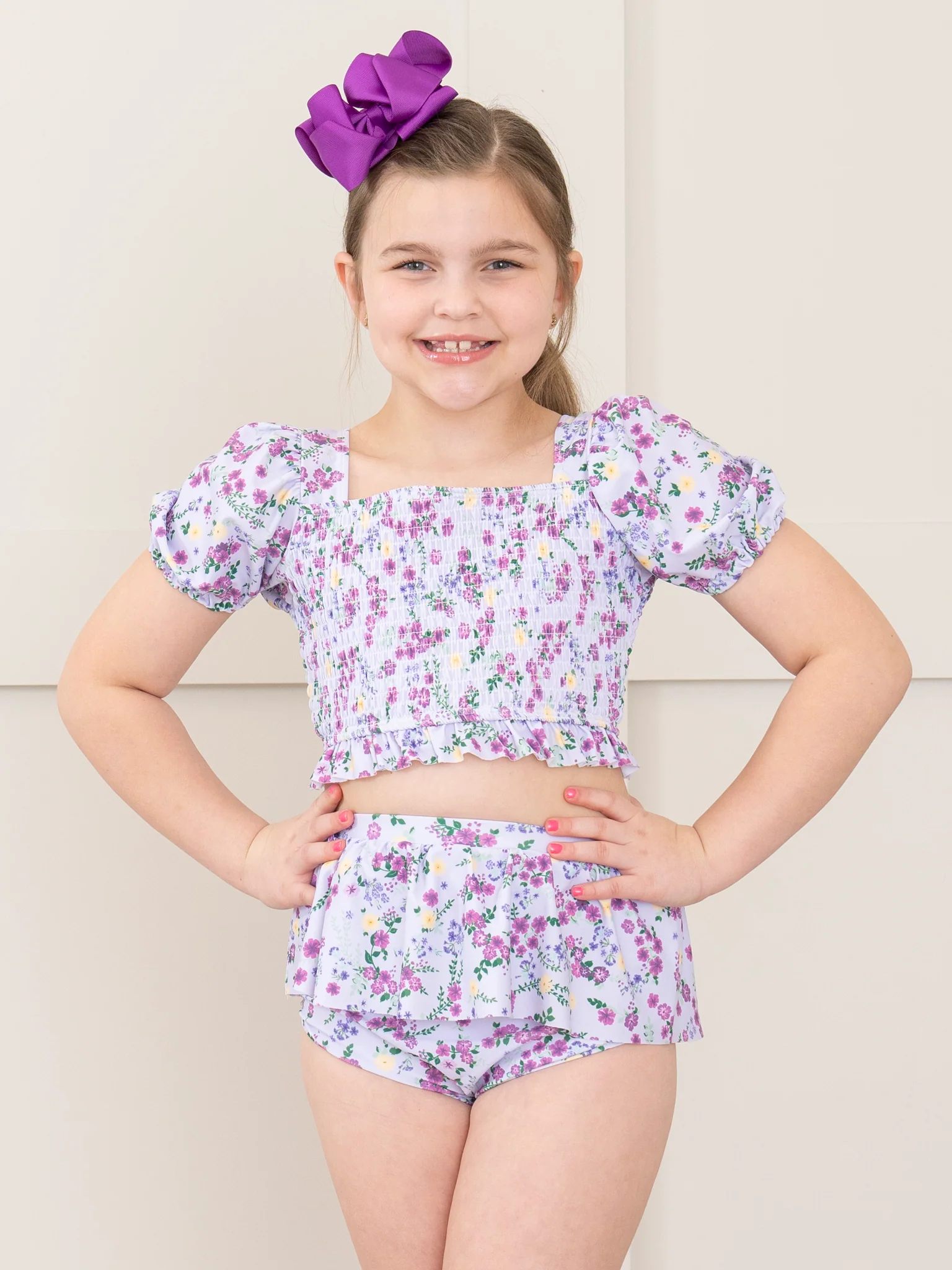 Purple Floral Puff Sleeve Ruffle Swimsuit