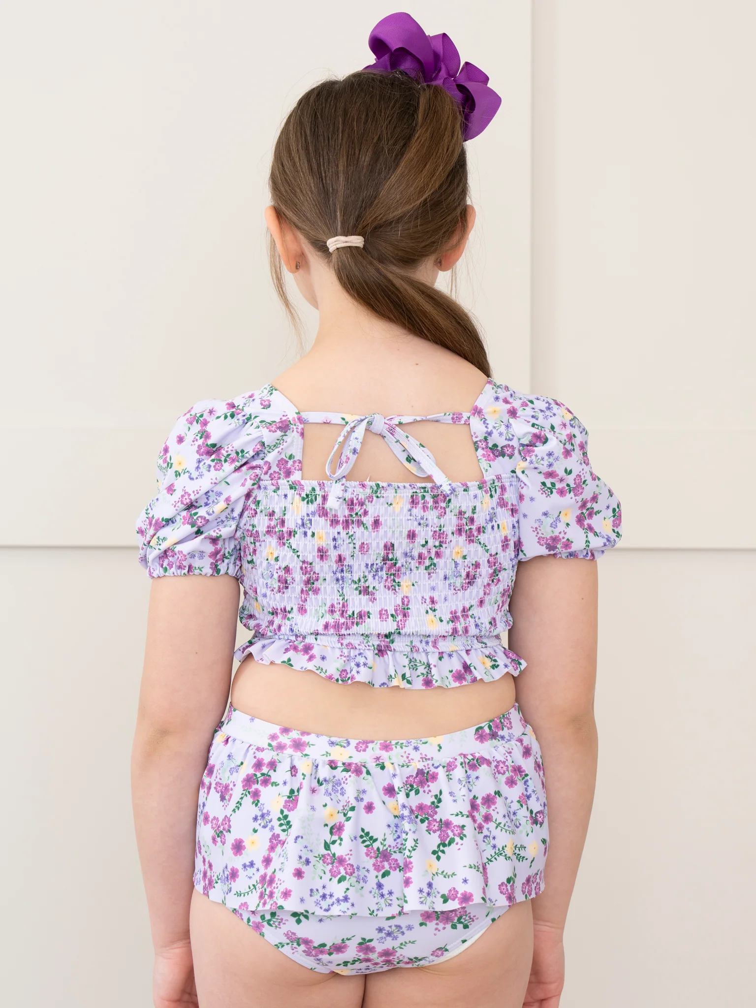 Purple Floral Puff Sleeve Ruffle Swimsuit - Image 4