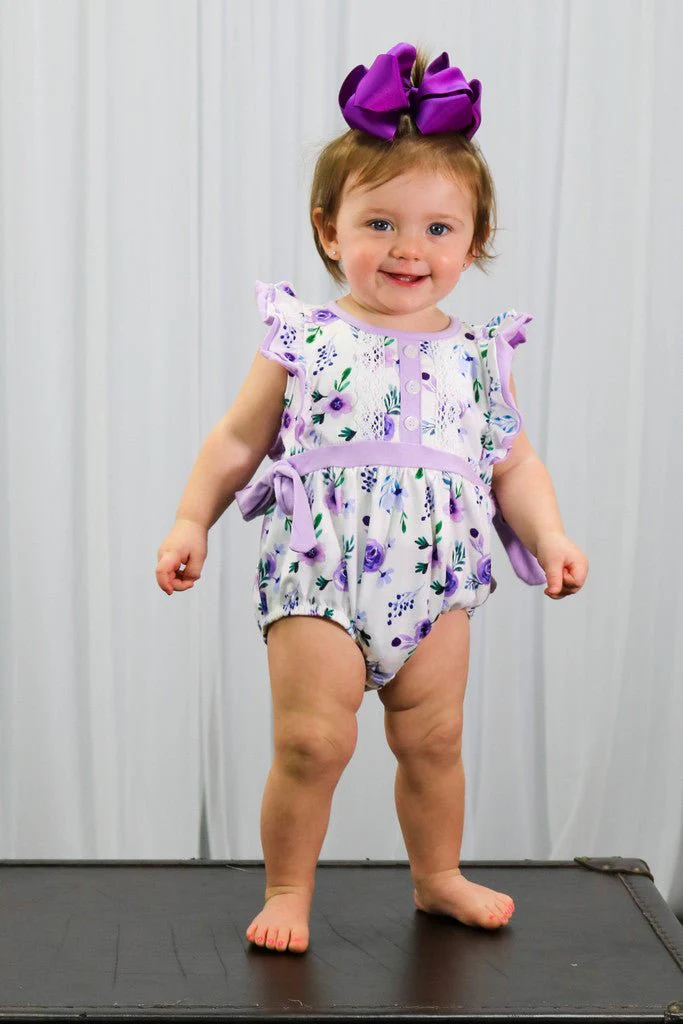 Purple Floral Ruffle Bubble Romper - Image 3