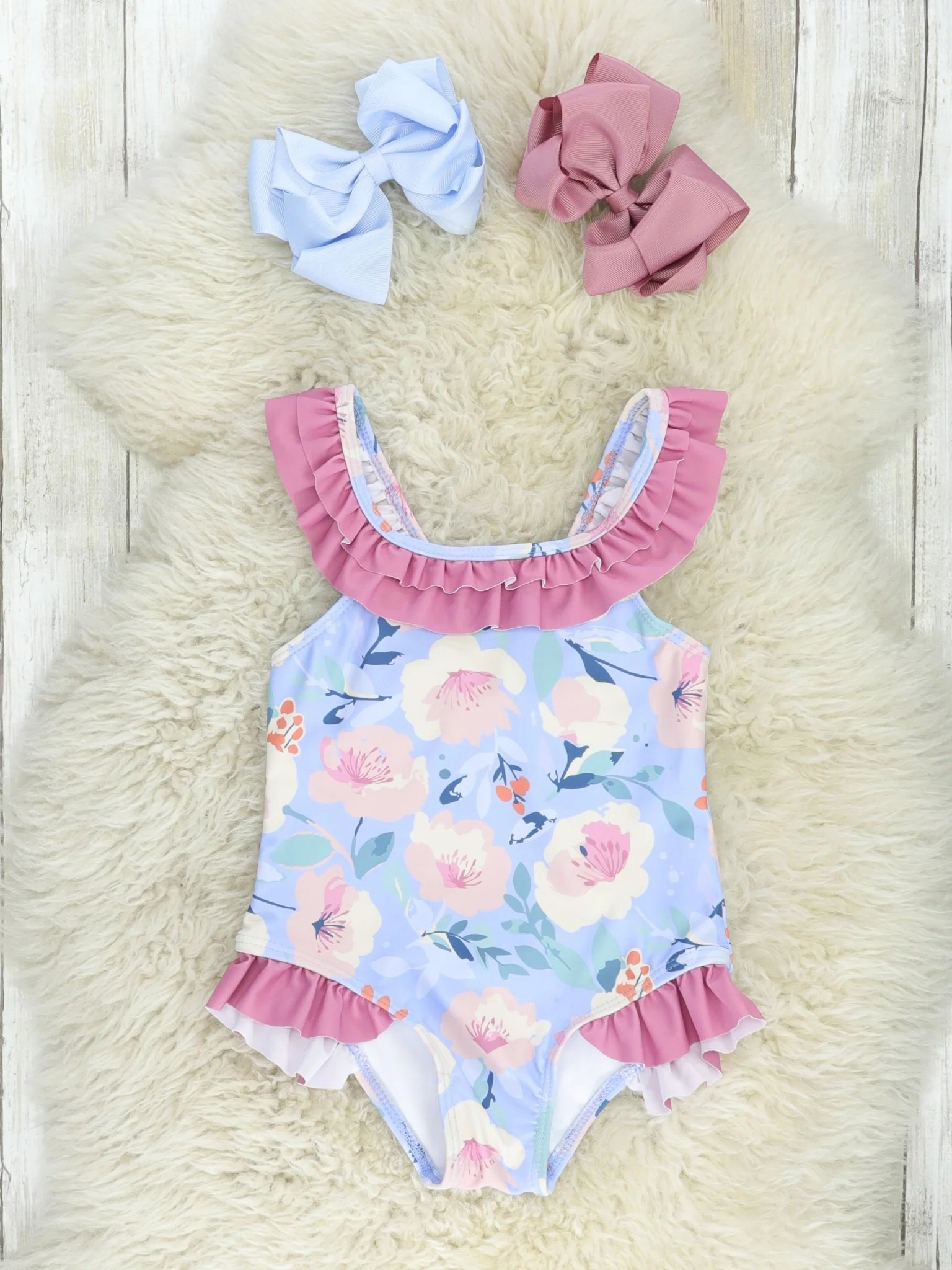 Purple Floral Ruffle One-Piece Swimsuit