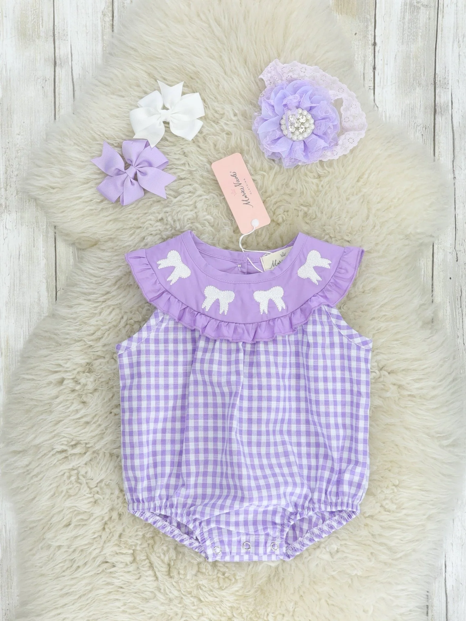 Purple Gingham Bow Ruffle Bubble Romper
